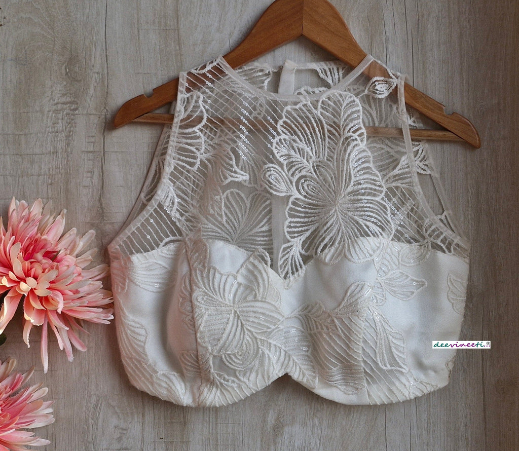 Off-White Embroidered Net Jewel Neck Blouse DVBL_347