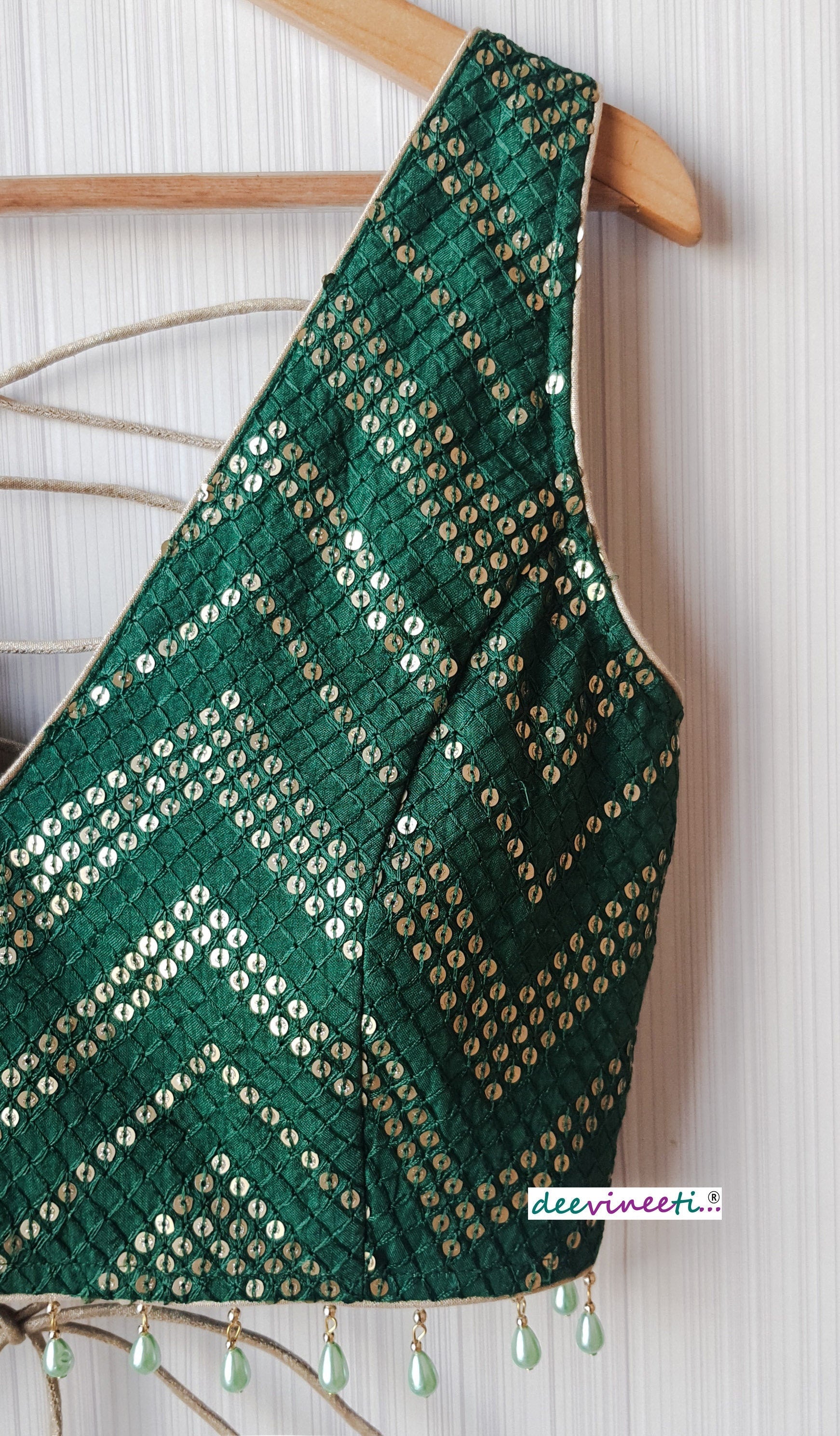 Green Sequins Chevron Embroidered Silk Blouse DVBL_152