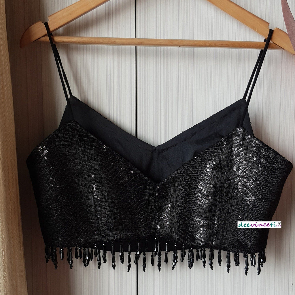 Black Sequins Embroidered Spaghetti Blouse DVBL_179