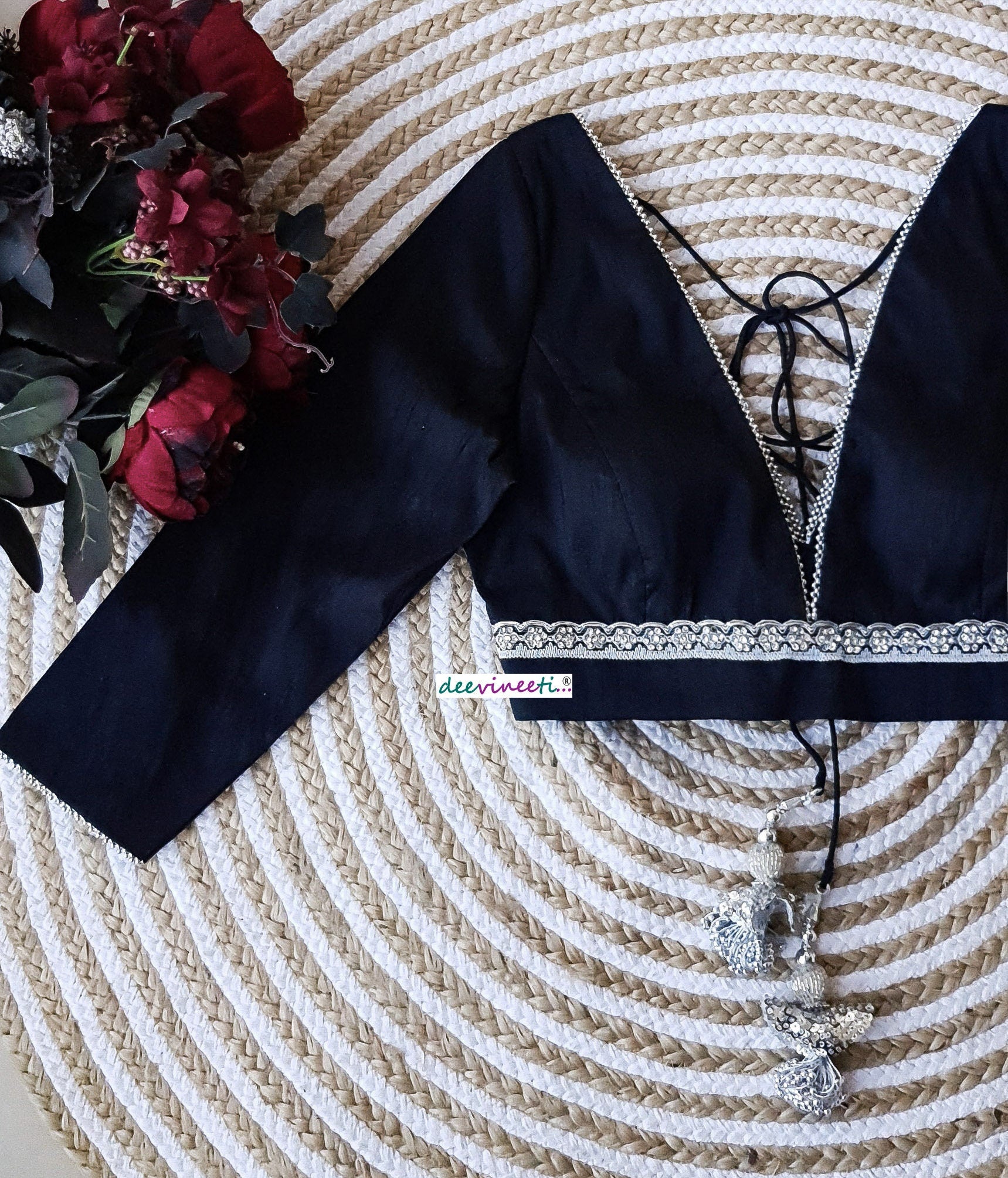 Raw Silk Plunge Neckline Three-fourth Sleeves Blouse DVBL_163