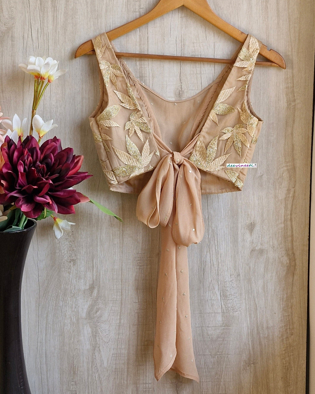Embroidered Beige Boat Neck Tie Blouse DVBL_346
