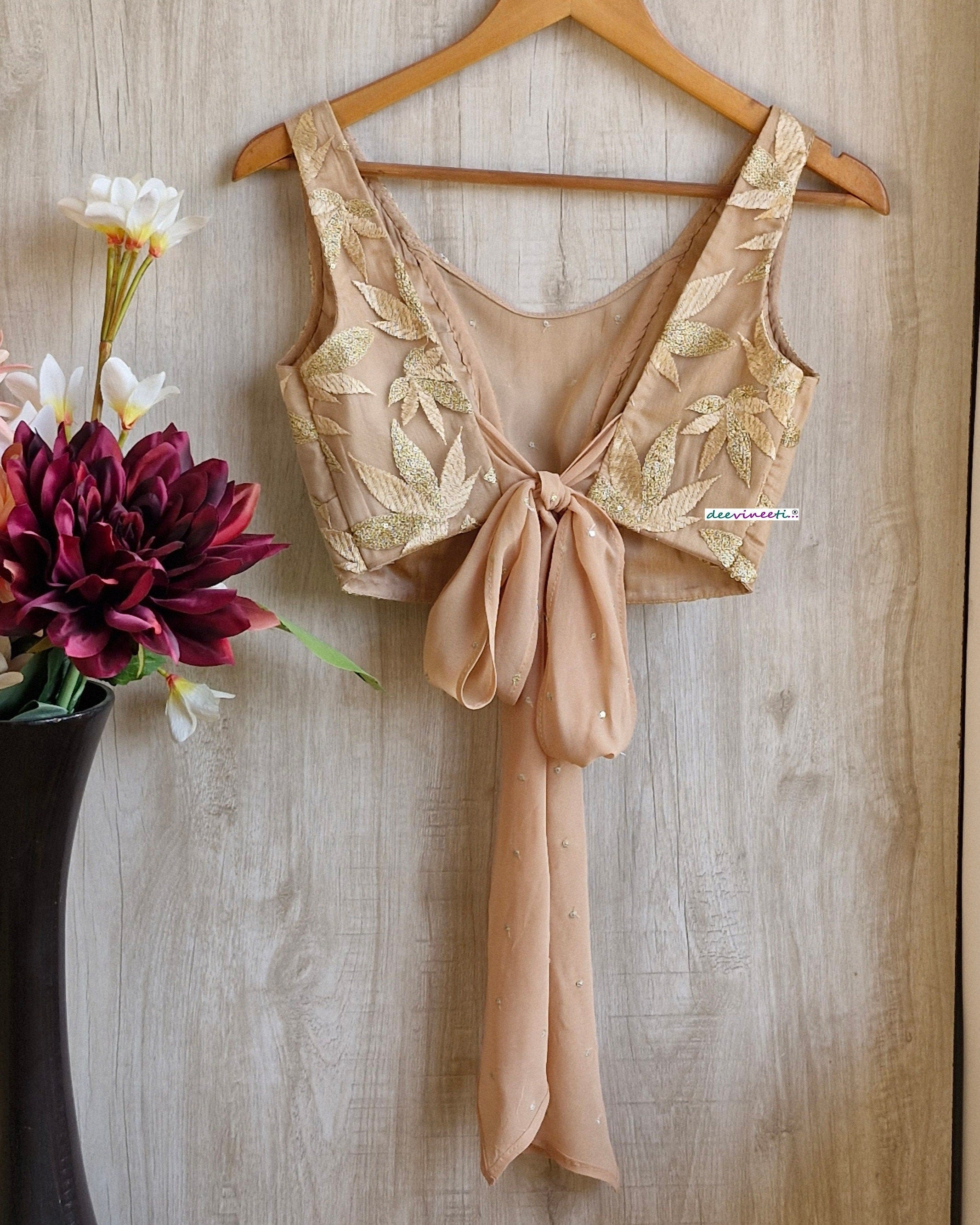 Embroidered Beige Boat Neck Tie Blouse DVBL_346