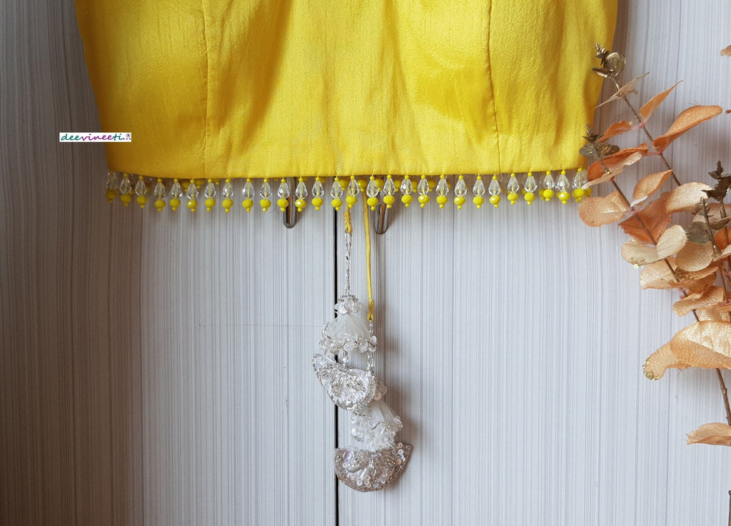 Designer Yellow Raw Silk Trapeze Neck Blouse with Beads Fringes DVBL_207