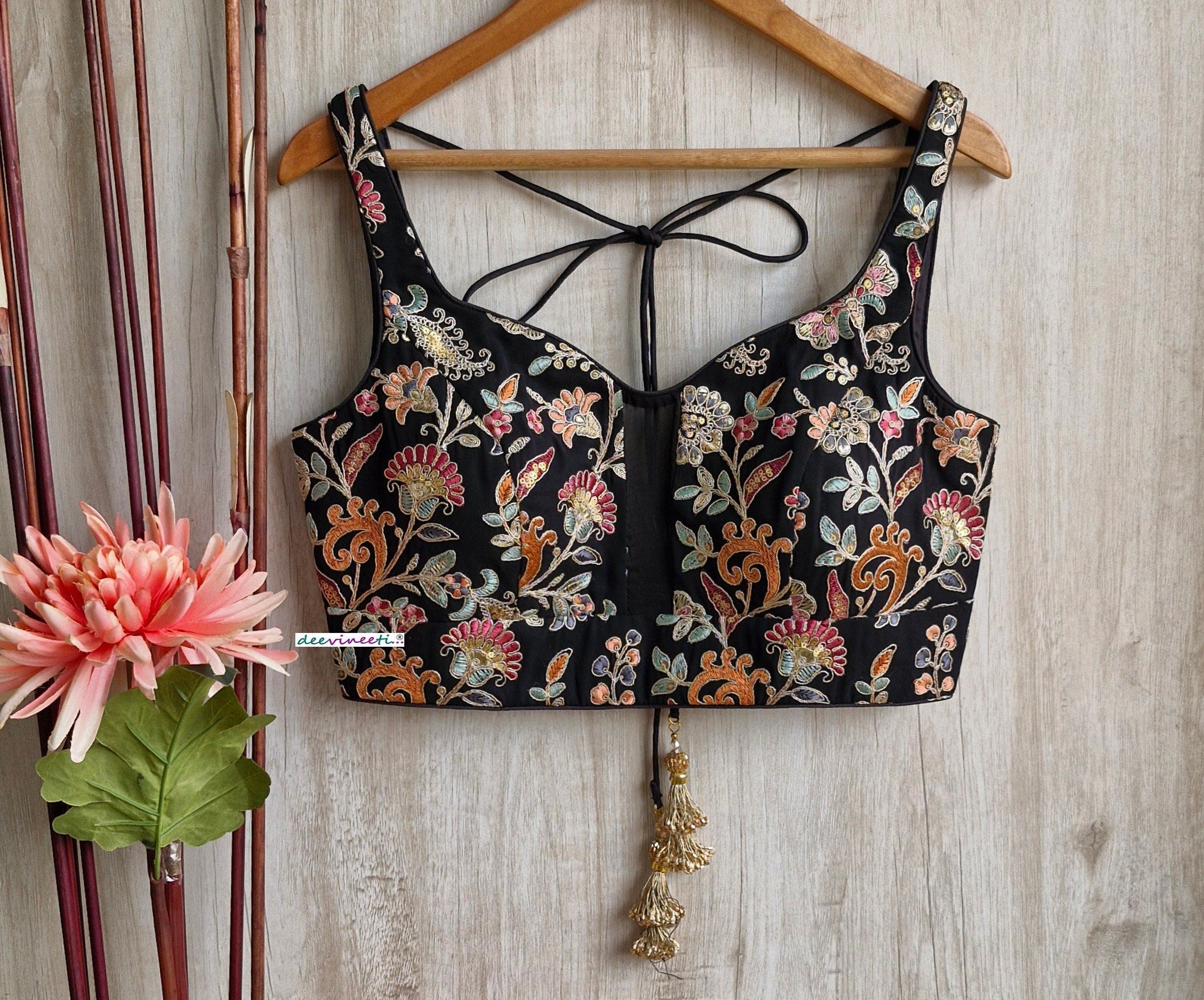 Black Embroidered Sweetheart Neck Blouse DVBL_314
