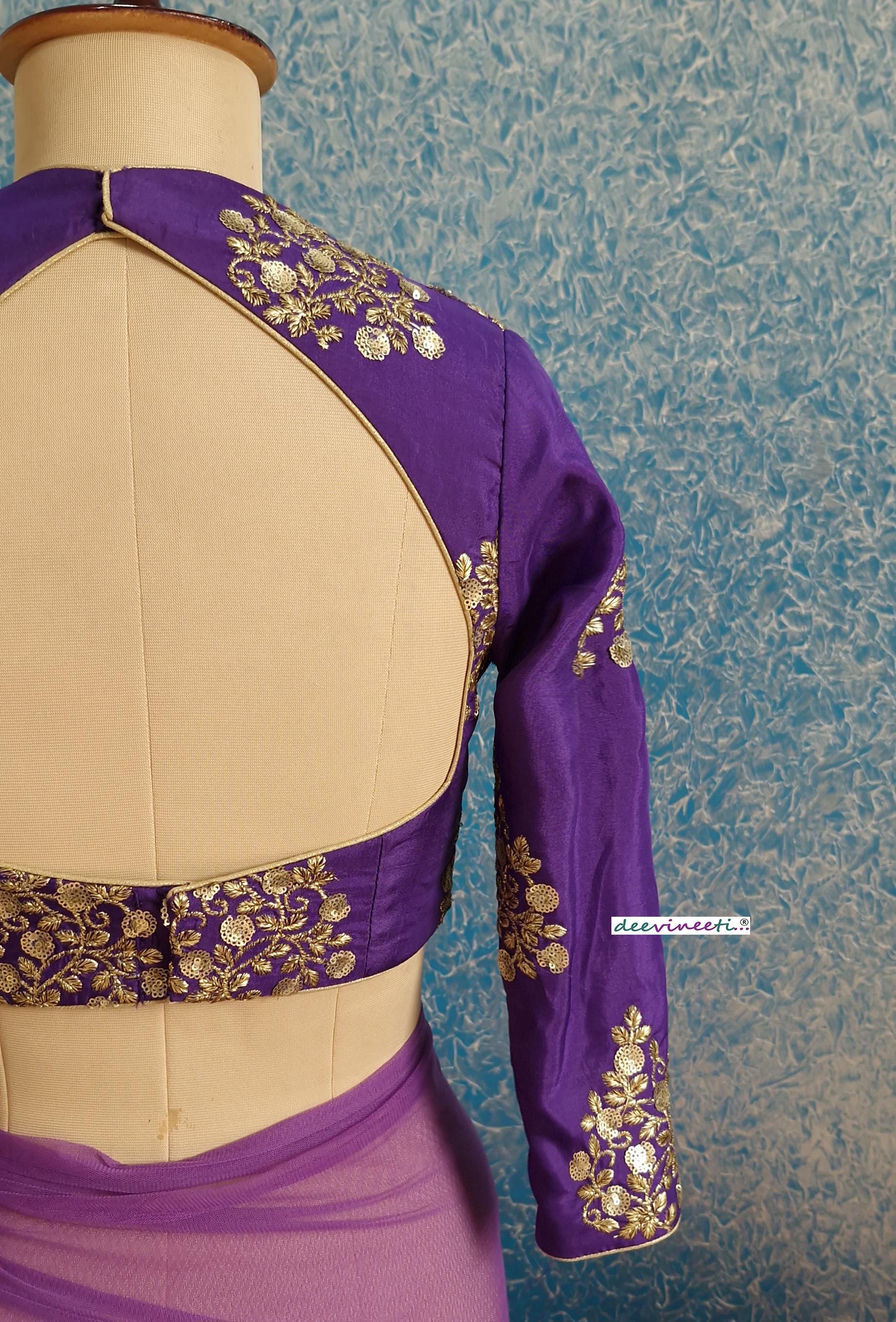Purple Embroidered Silk Three Fourth Sleeves Blouse DVBL_384