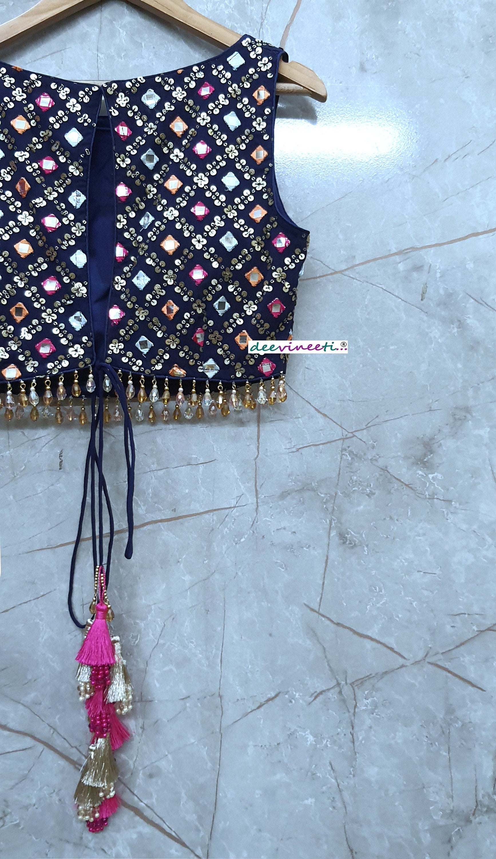 Embroidered Dark Blue Boat Neck Blouse DVBL_203