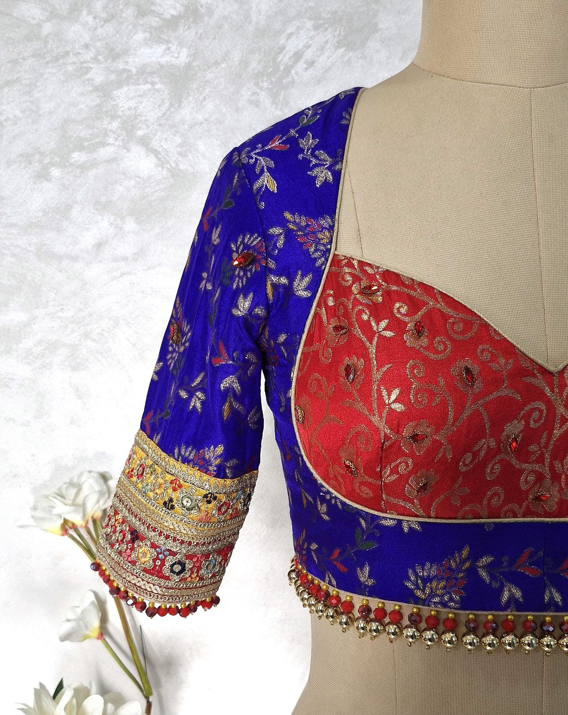 Blue Red Brocade Silk Sweetheart Neckline Blouse DVBL_448