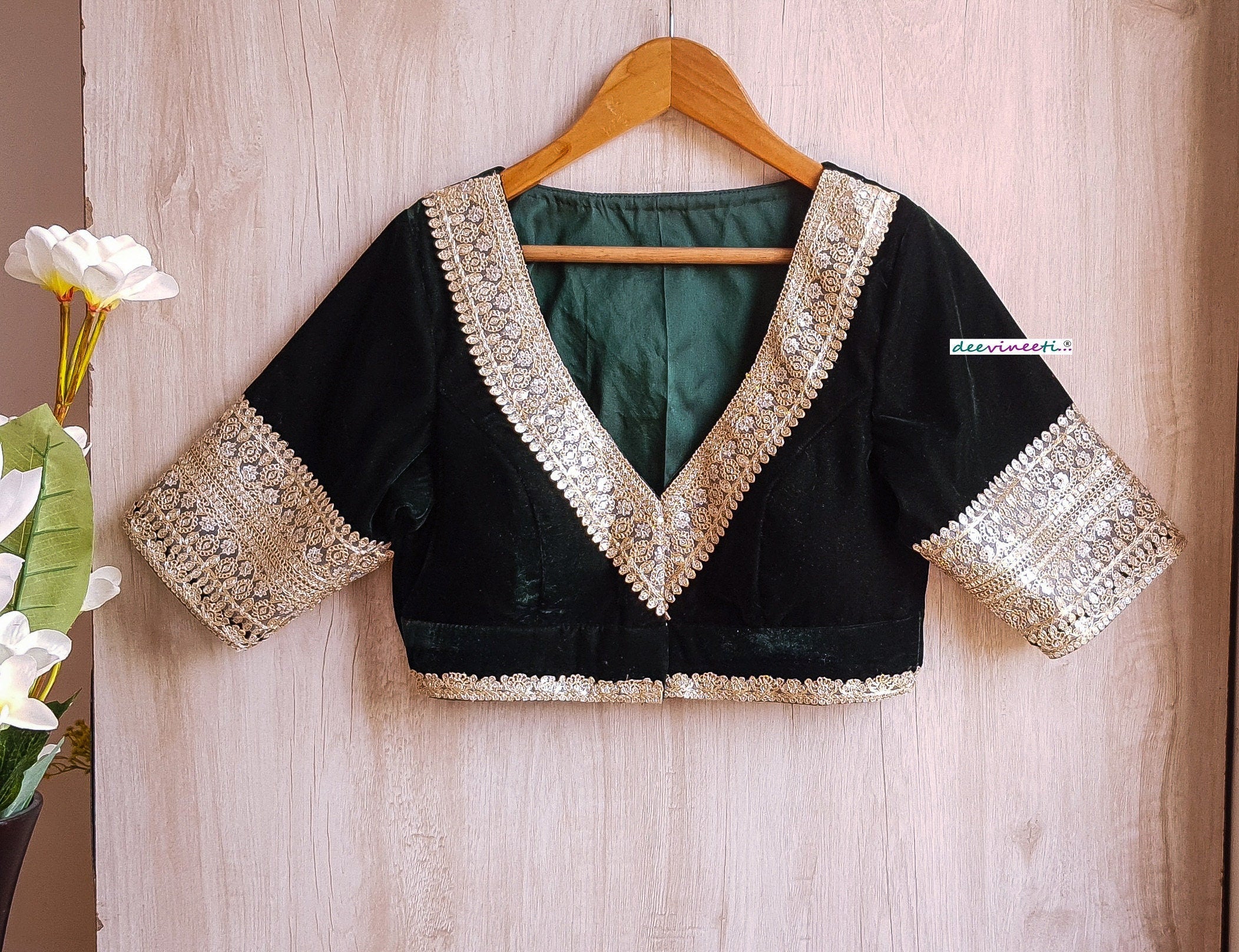 Embroidered Green Velvet Blouse Deep V Neck DVBL_292