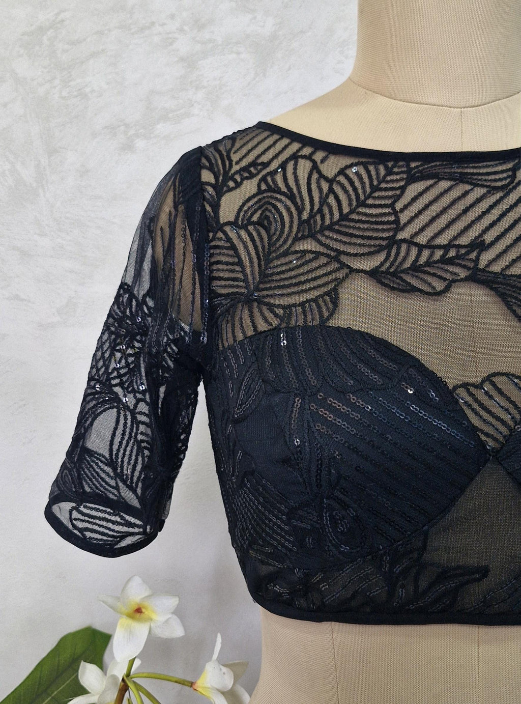 Embroidered Net Black Blouse with Sleeves DVBL_418