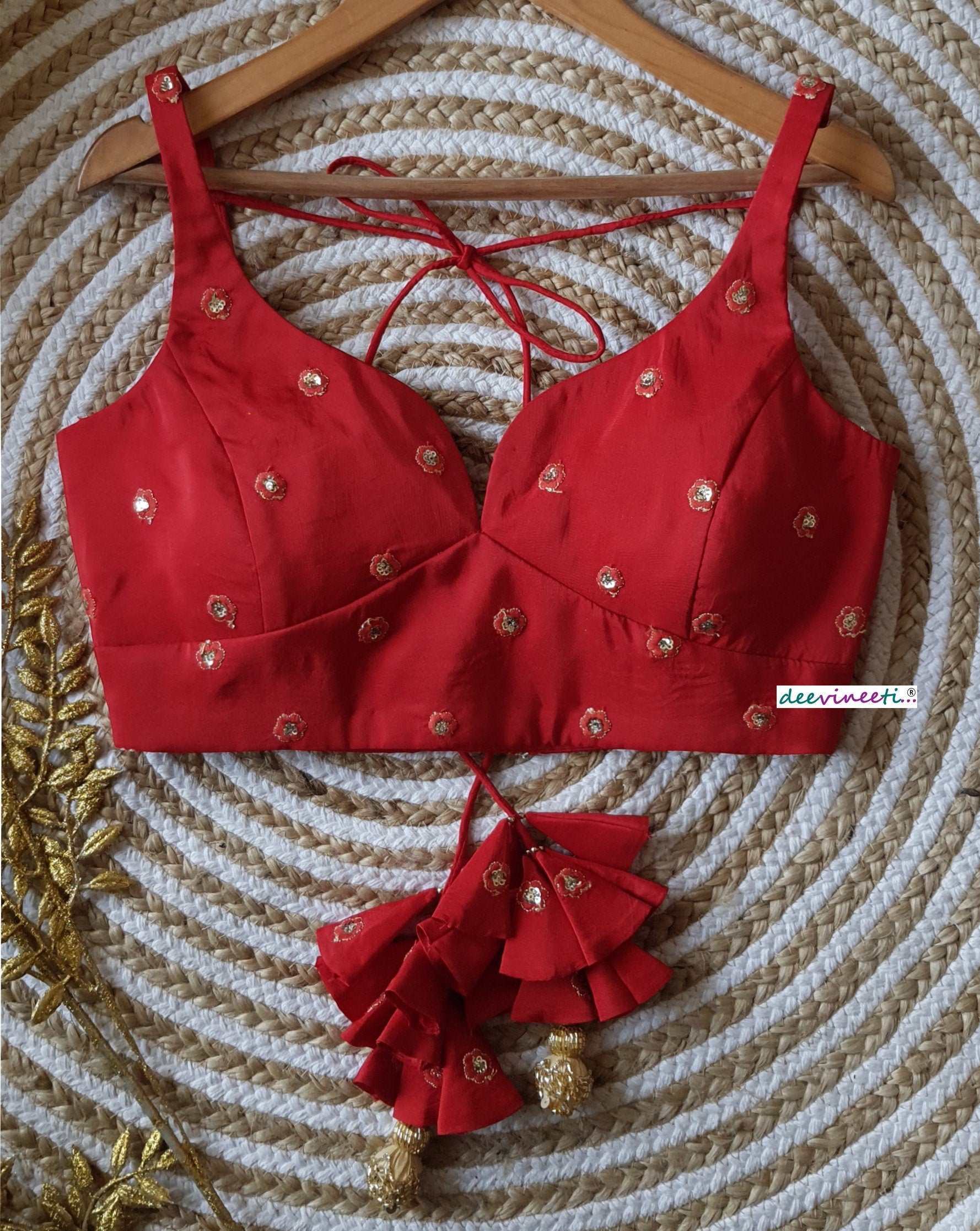 Embroidered Red Silk Deep Sweetheart Neck Blouse DVBL_160
