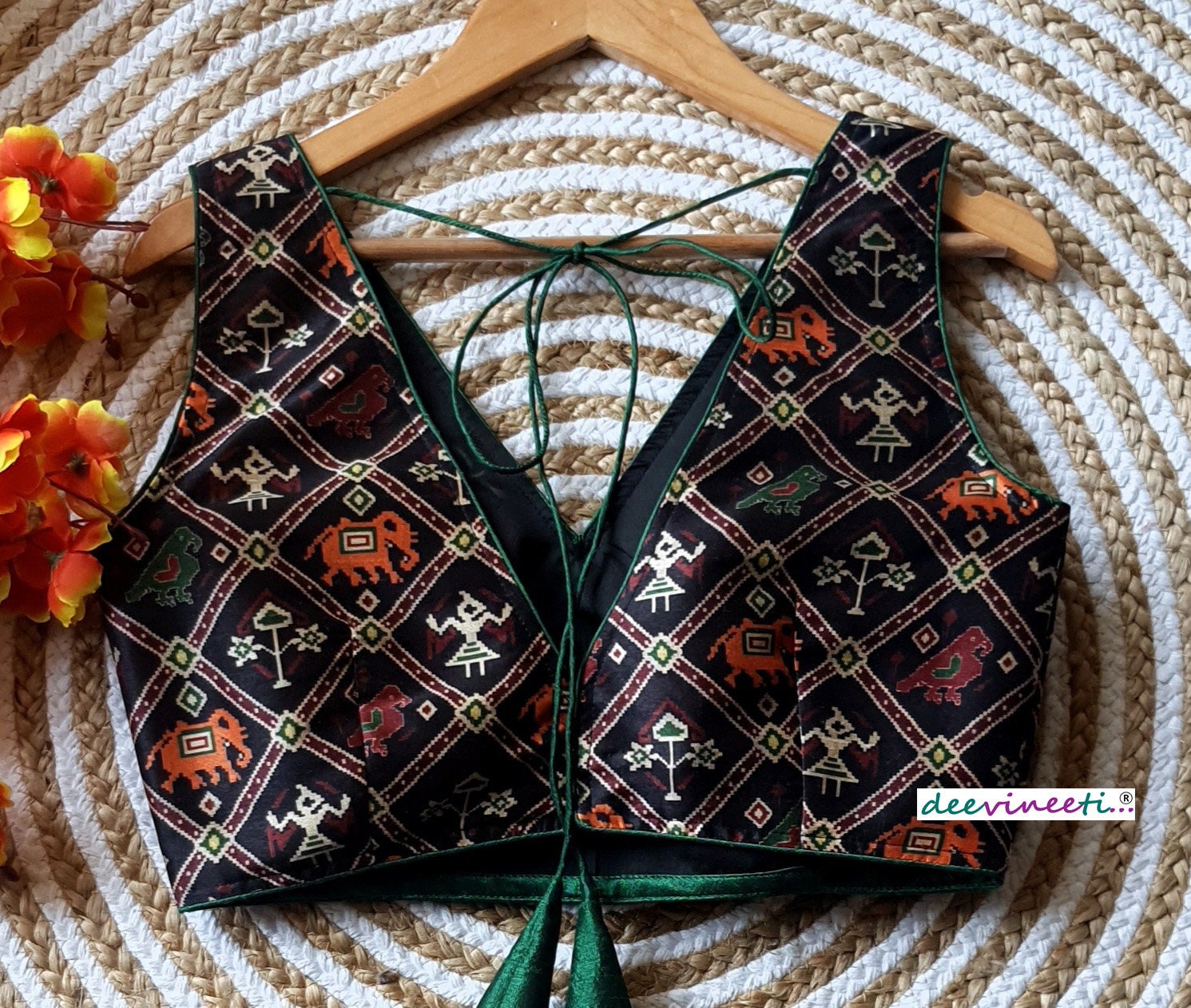 Black Printed Tussar Silk Sleeveless V Neck Blouse DVBL_095