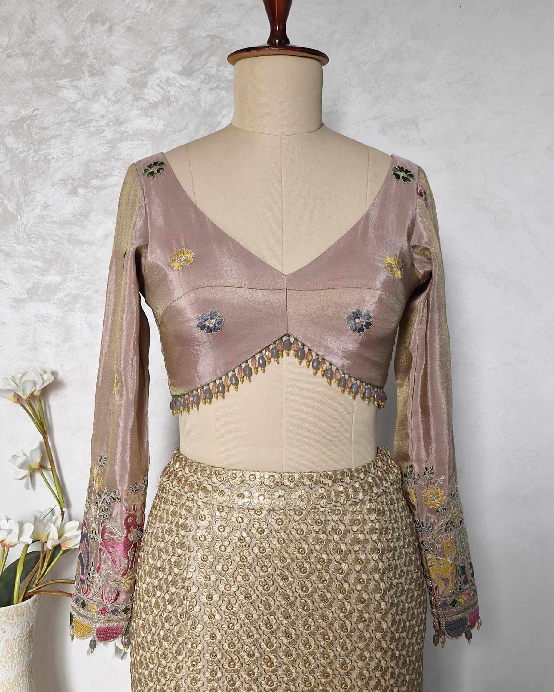 Dusty Rose Pink Embroidered Tissue Silk Blouse DVBL_442