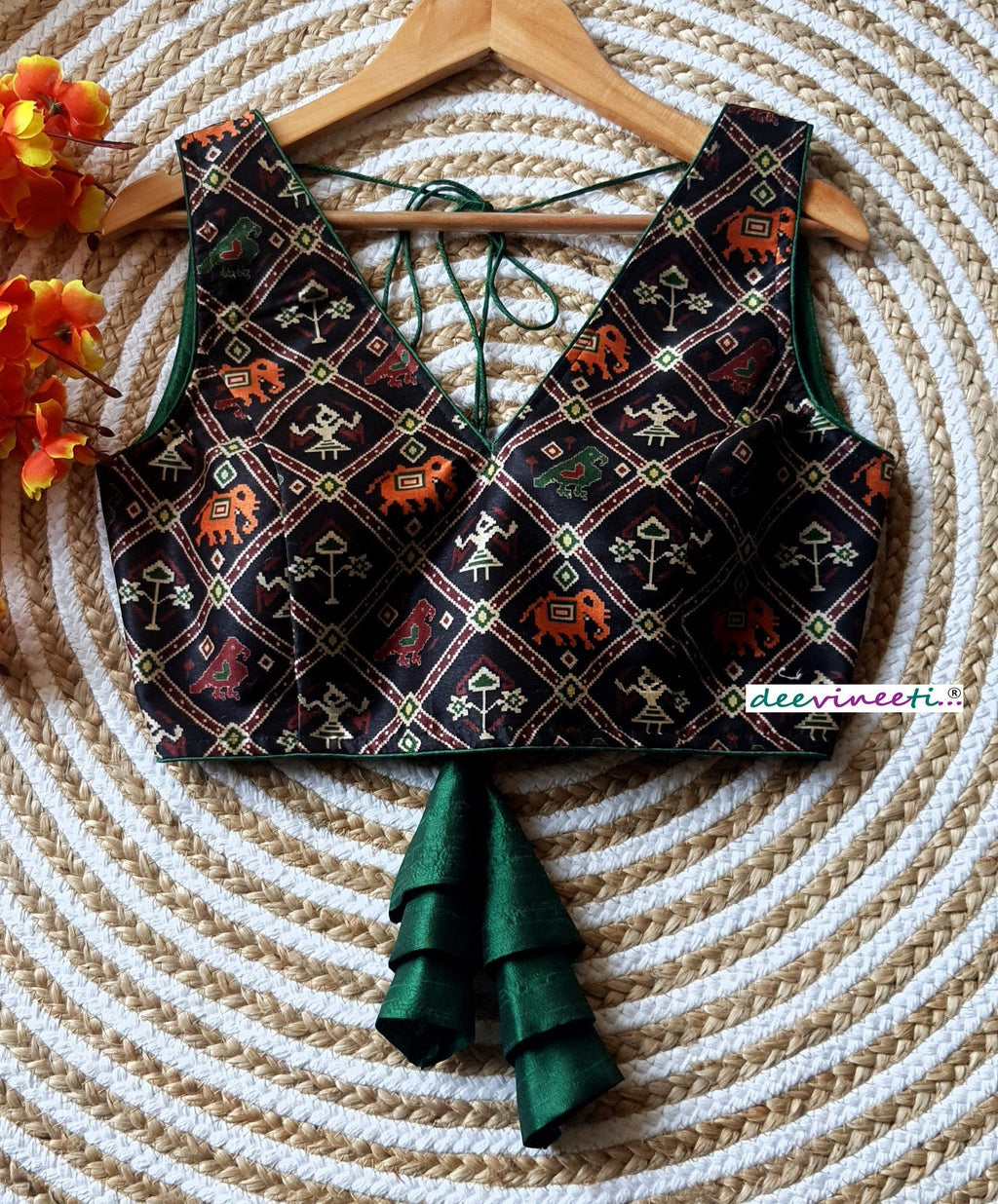 Black Printed Tussar Silk Sleeveless V Neck Blouse DVBL_095