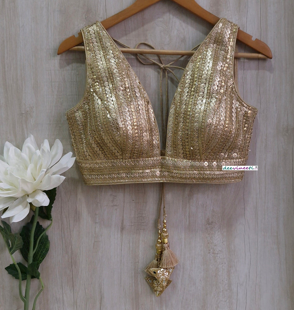 Gold Sequins Embroidered Plunge Neckline Blouse DVBL_363