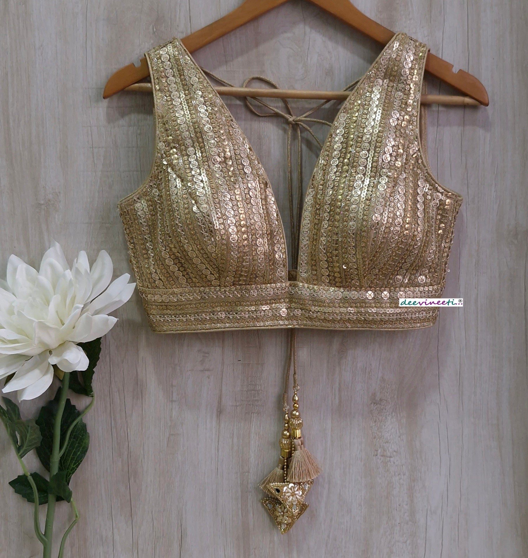 Gold Sequins Embroidered Plunge Neckline Blouse DVBL_363