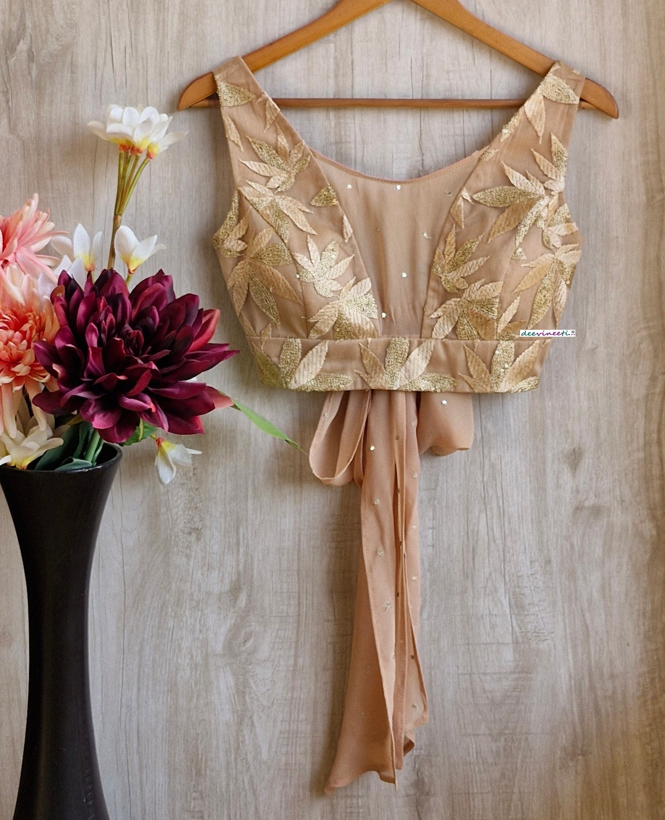 Embroidered Beige Boat Neck Tie Blouse DVBL_346