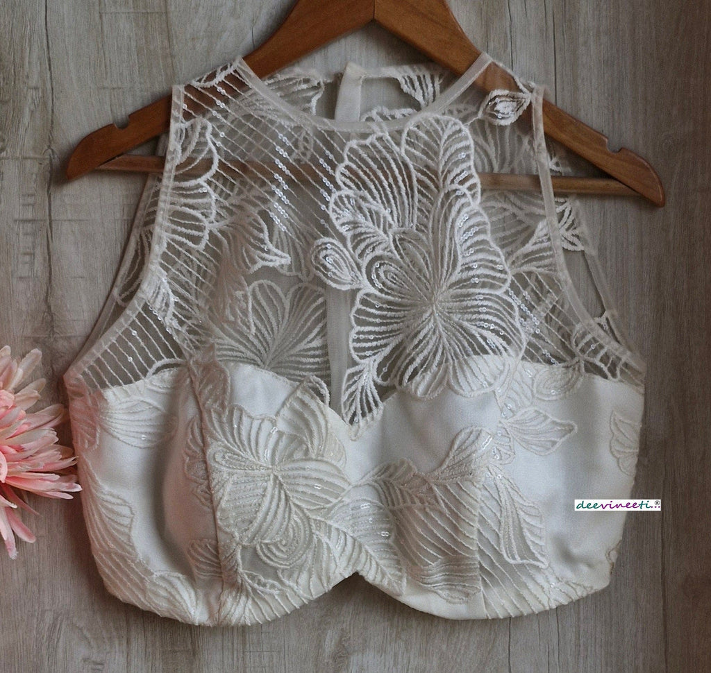 Off-White Embroidered Net Jewel Neck Blouse DVBL_347