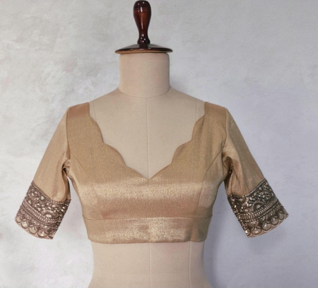 Copper Rose Gold Banarasi Tissue Scallop Neck Blouse DVBL_444