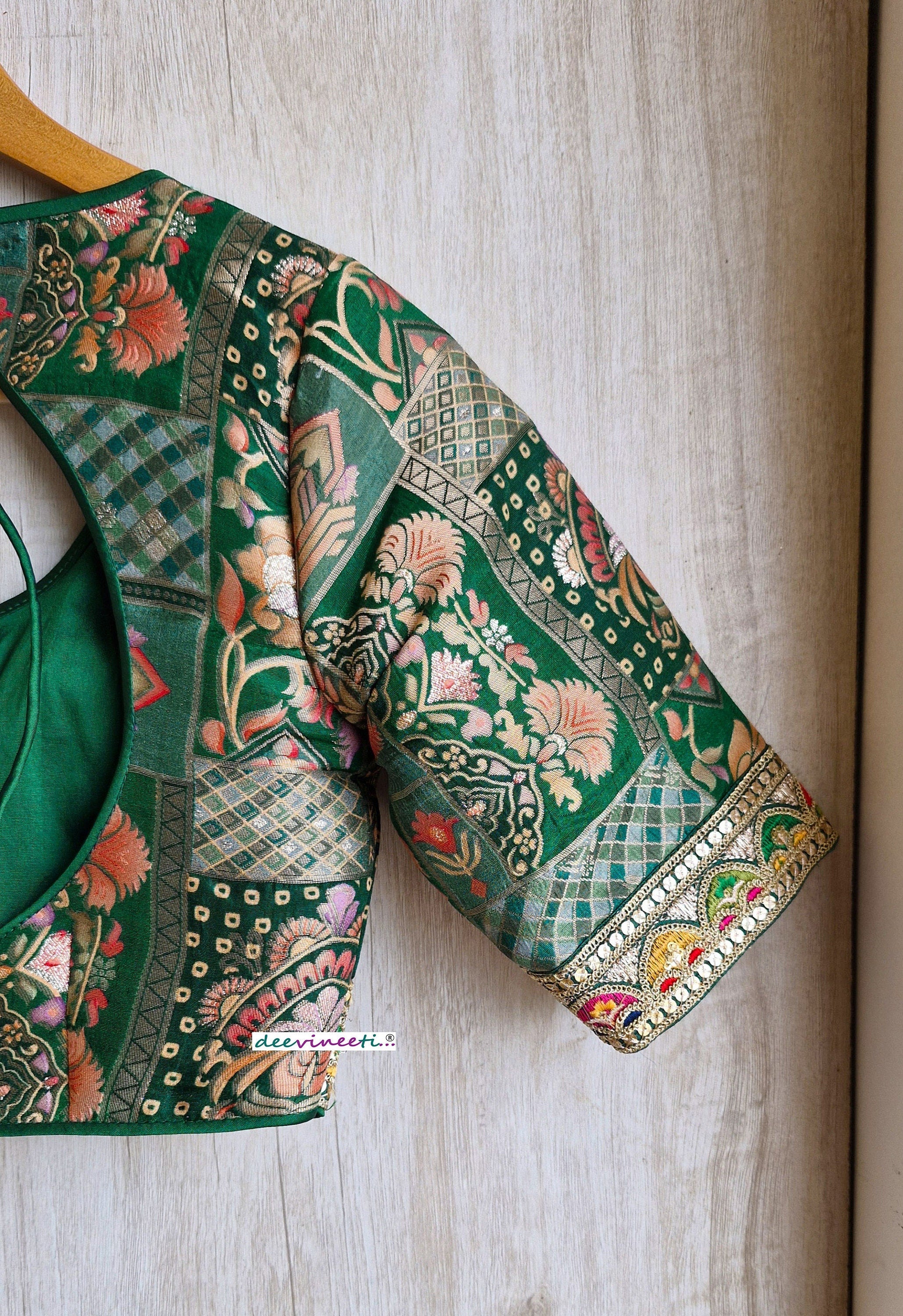 Green Jacquard Silk Round Scoop Neck Blouse DVBL_317