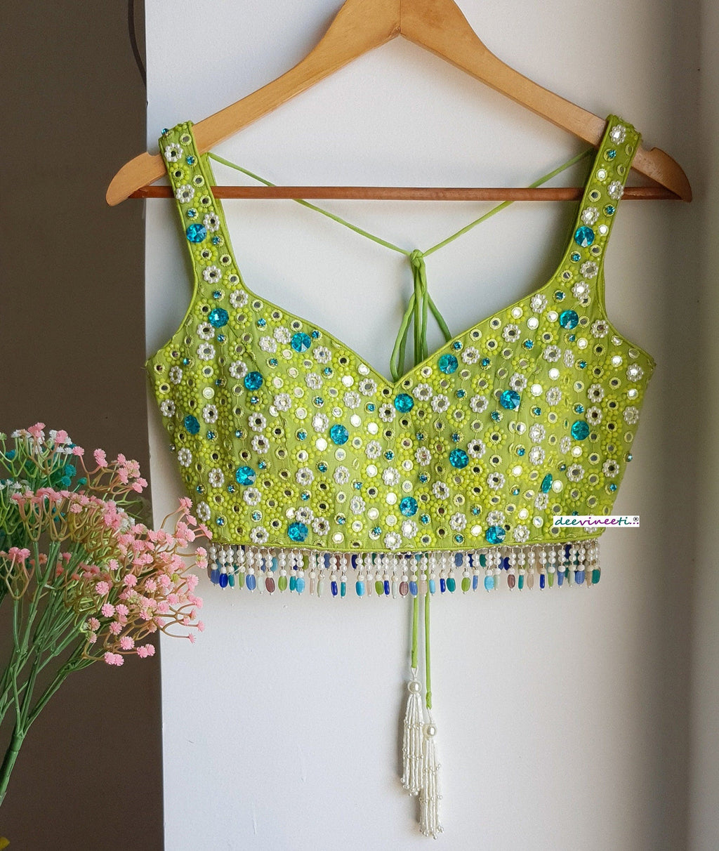 Hand Embroidered Lime Green Deep Sweetheart Neck Blouse DVBL_287