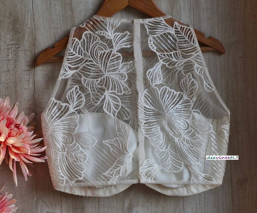 Off-White Embroidered Net Jewel Neck Blouse DVBL_347