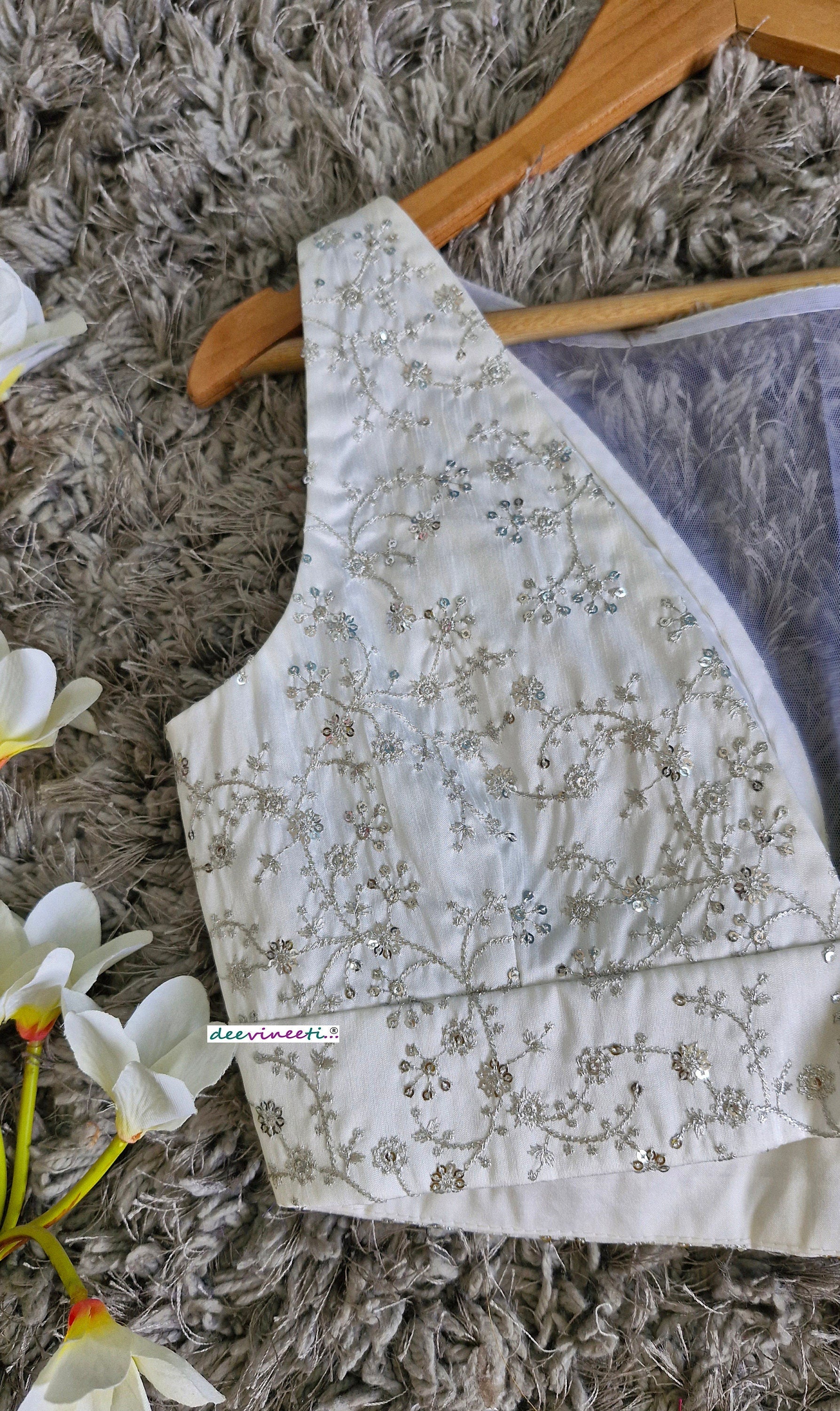 White Embroidered Silk Boat Neck Blouse DVBL_344