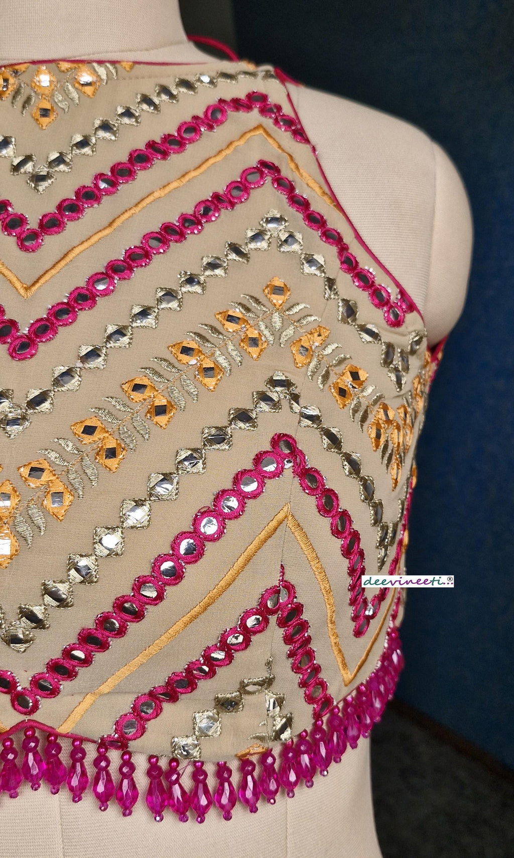 Beige Chevron Embroidered Halter Neck Blouse DVBL_367