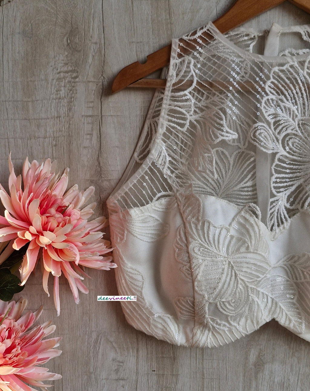 Off-White Embroidered Net Jewel Neck Blouse DVBL_347
