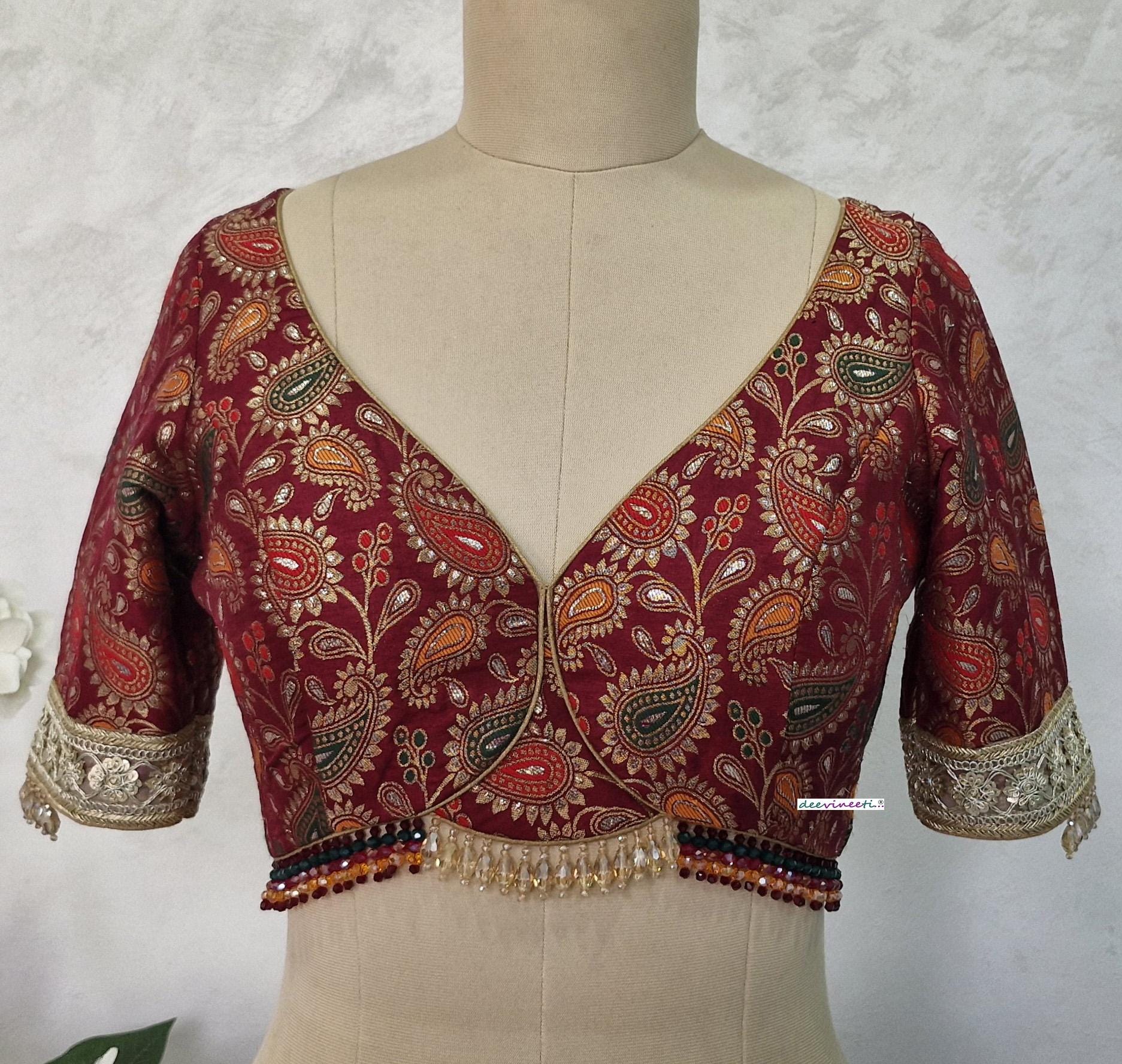 Maroon Brocade Deep Sweetheart Neck Half Sleeves Blouse DVBL_403