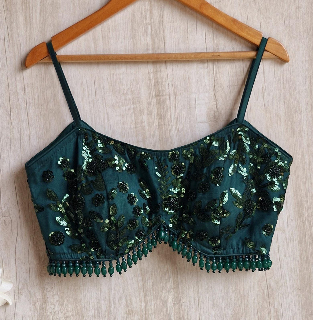 Bottle Green Embroidered Spaghetti Blouse DVBL_454