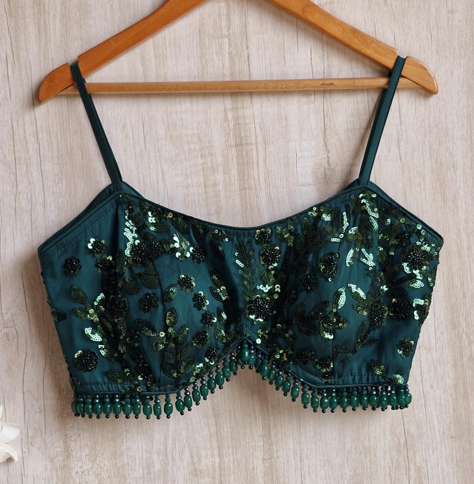 Bottle Green Embroidered Spaghetti Blouse DVBL_454