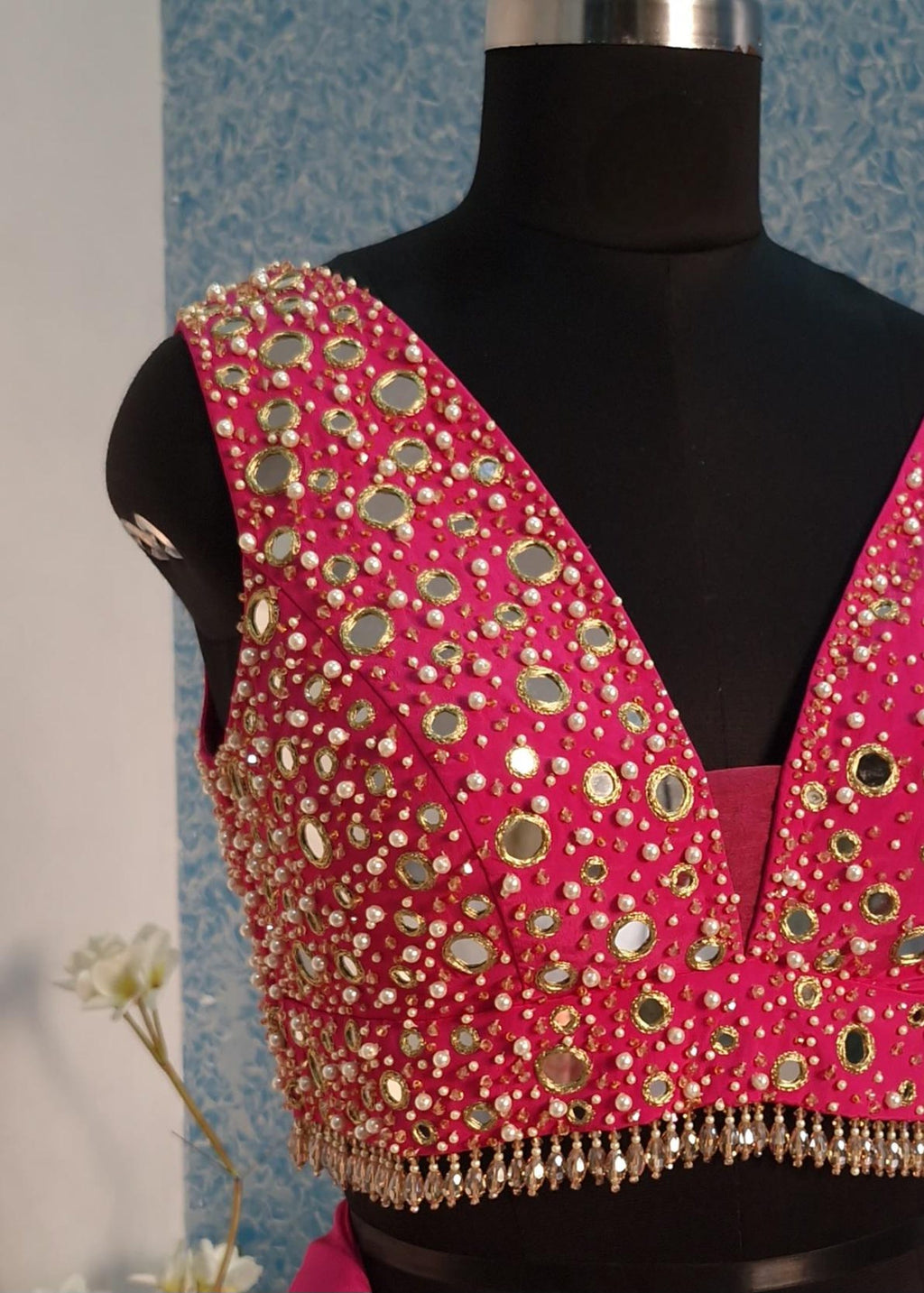 Beads & Mirror Hand Embroidered Bright Pink Crepe Silk Blouse DVBL_462