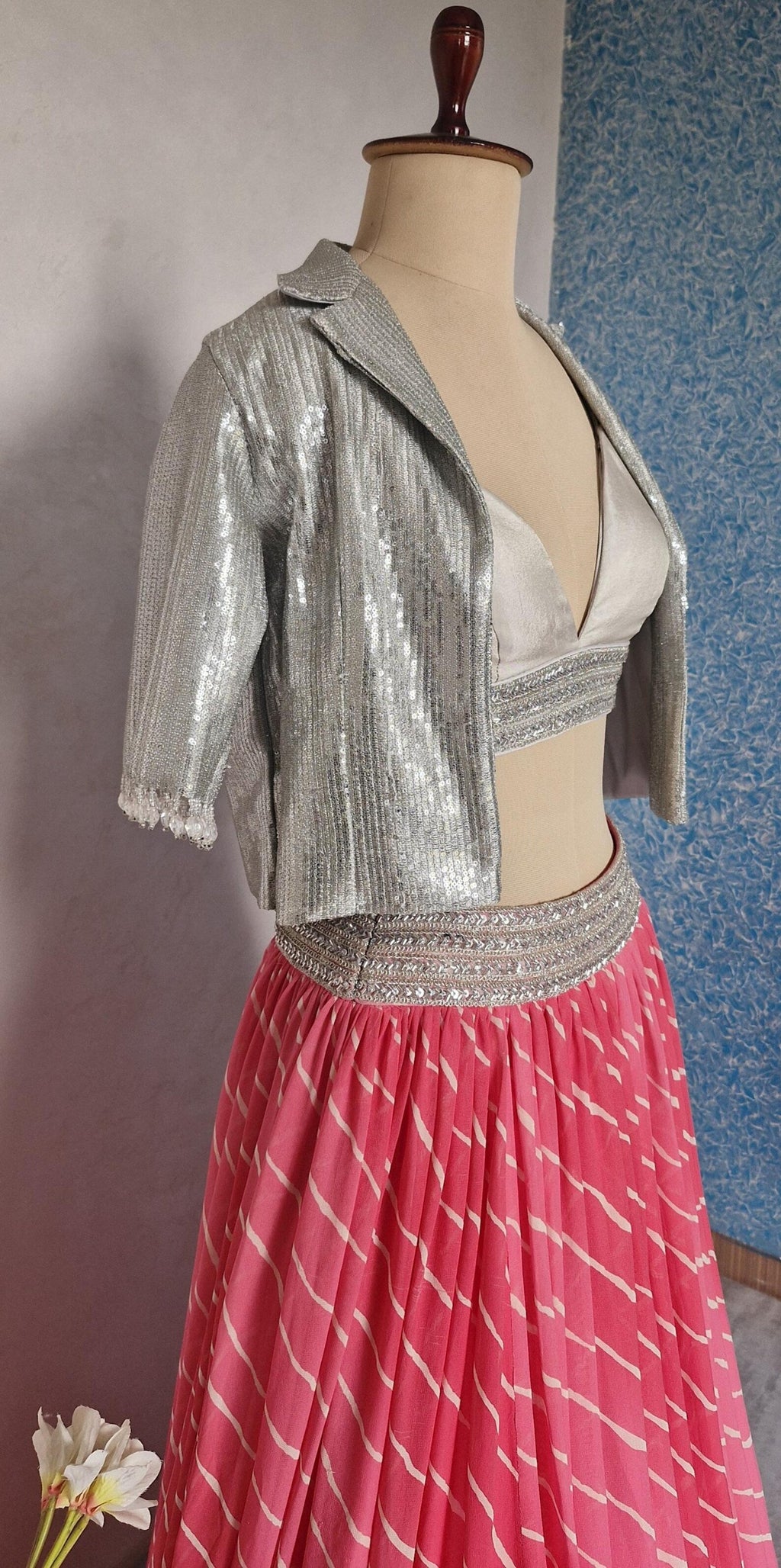Pink Leheriya Georgette Lehenga Choli with Silver Sequins Jacket DVMTD_0279