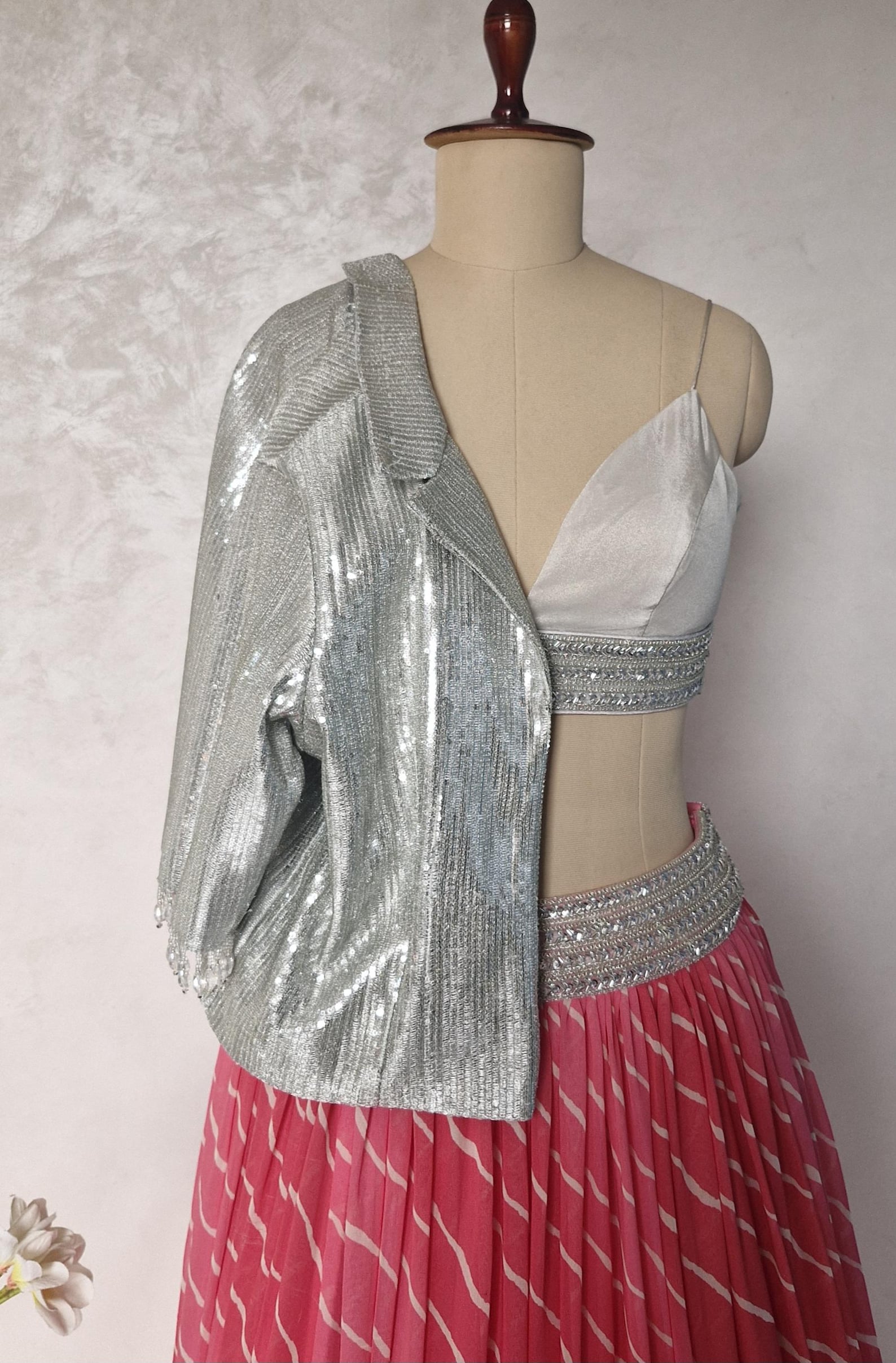 Pink Leheriya Georgette Lehenga Choli with Silver Sequins Jacket DVMTD_0279