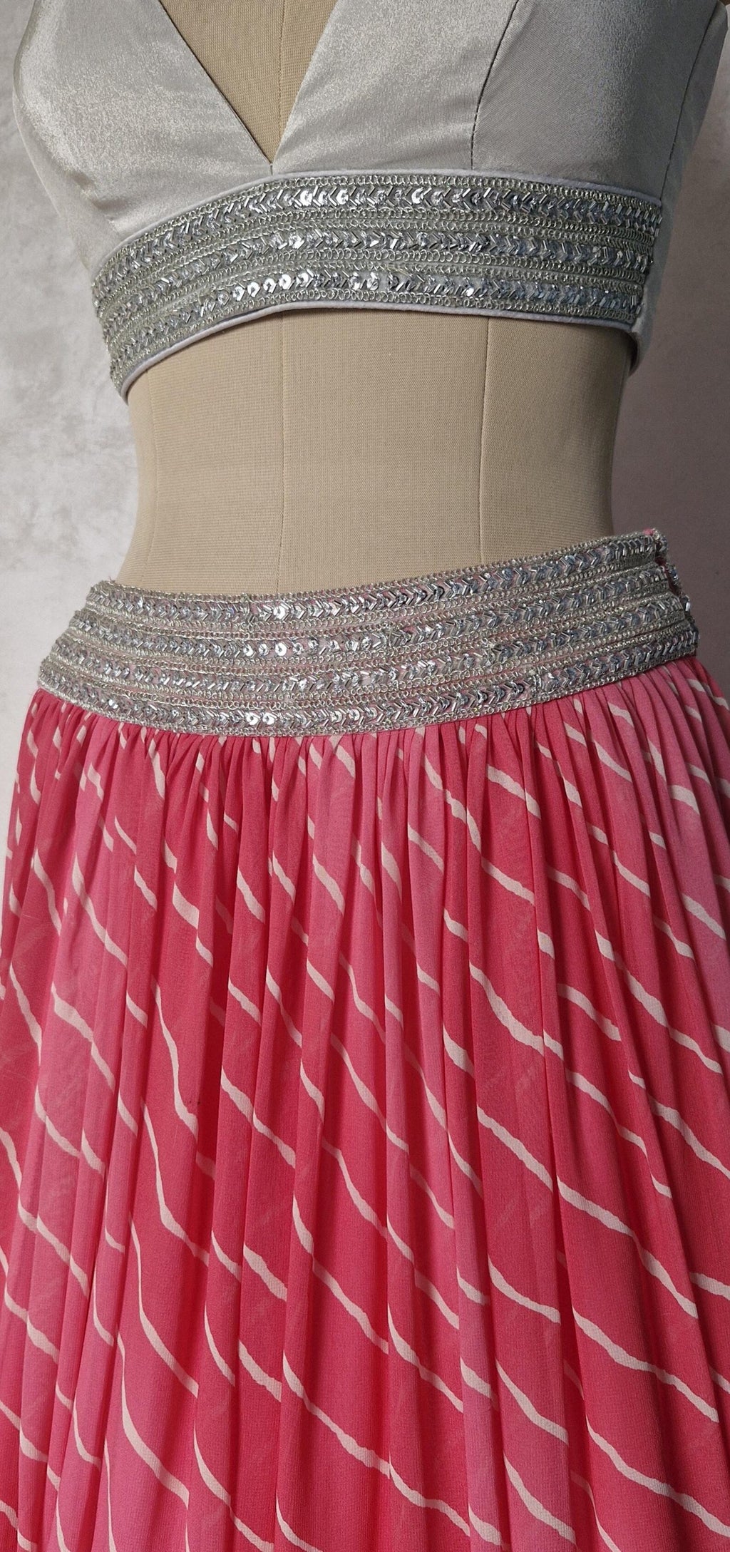Pink Leheriya Georgette Lehenga Choli with Silver Sequins Jacket DVMTD_0279