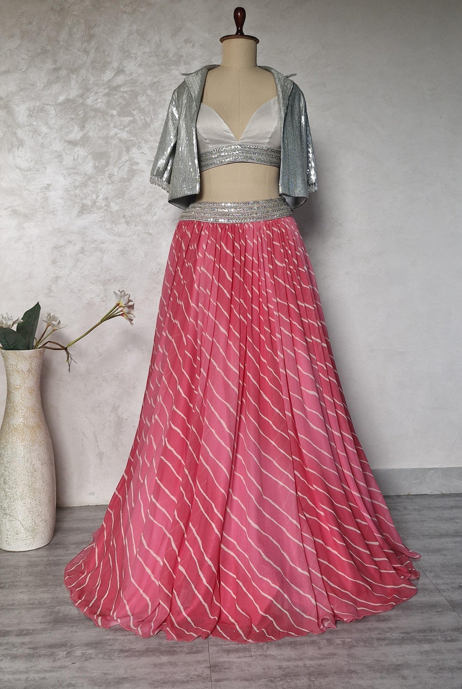 Pink Leheriya Georgette Lehenga Choli with Silver Sequins Jacket DVMTD_0279