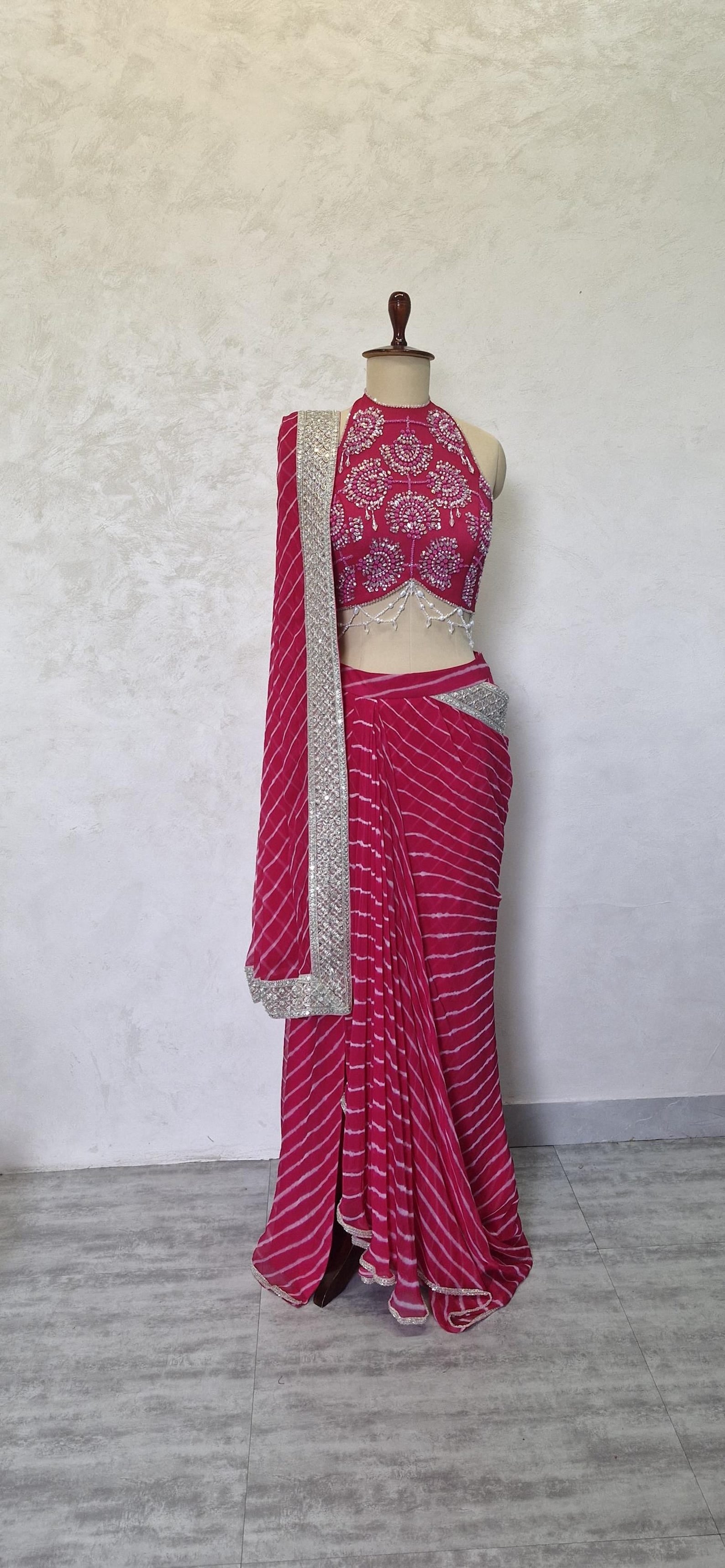 Pink Leheriya Chiffon Draped Saree Skirt with Hand Embroidered Blouse DVMTD_0281
