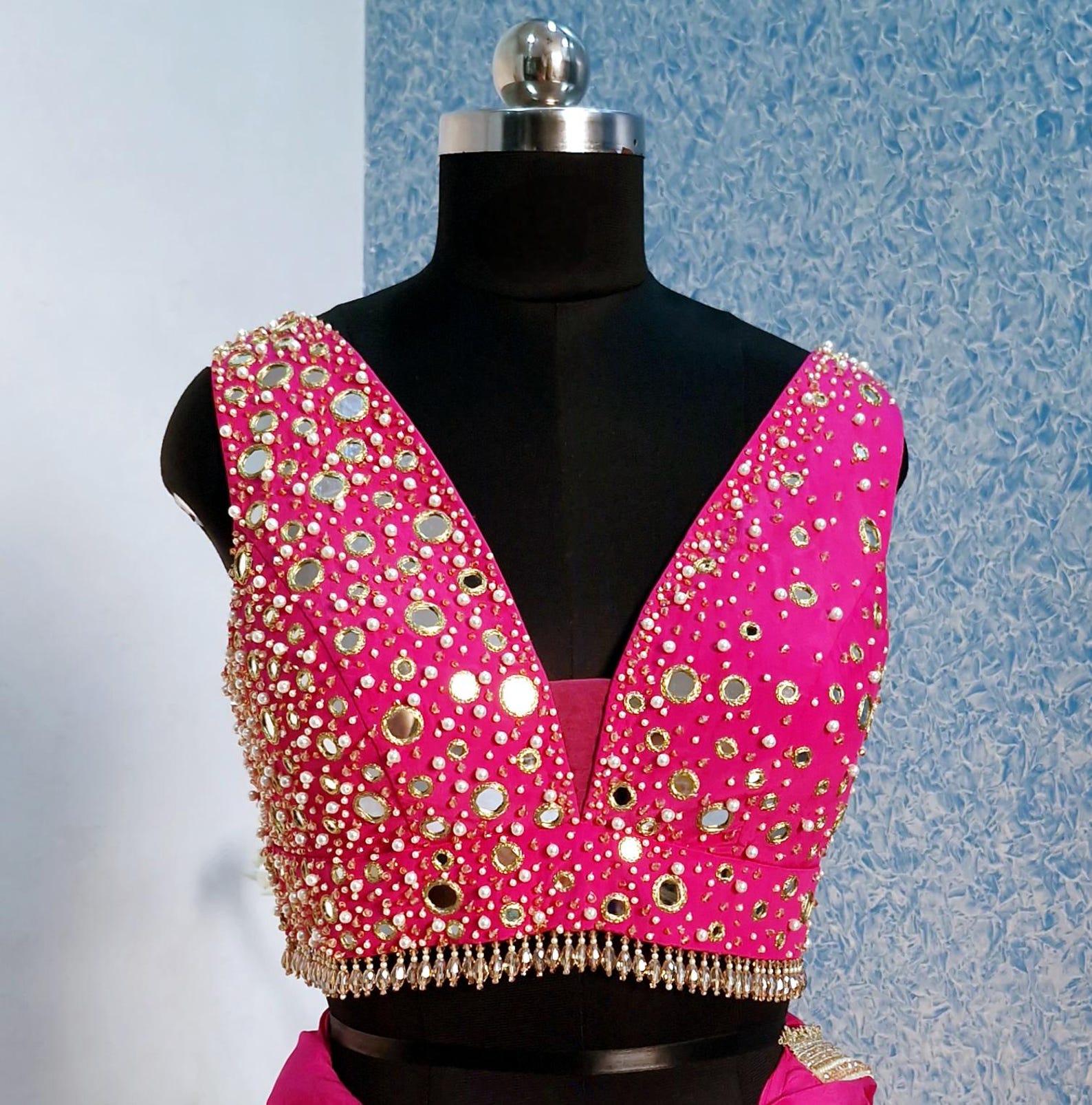 Beads & Mirror Hand Embroidered Bright Pink Crepe Silk Blouse DVBL_462