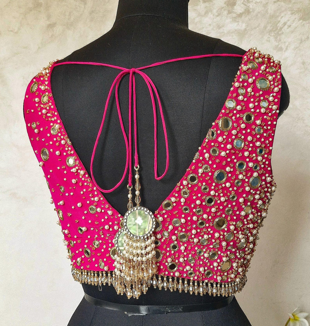 Beads & Mirror Hand Embroidered Bright Pink Crepe Silk Blouse DVBL_462