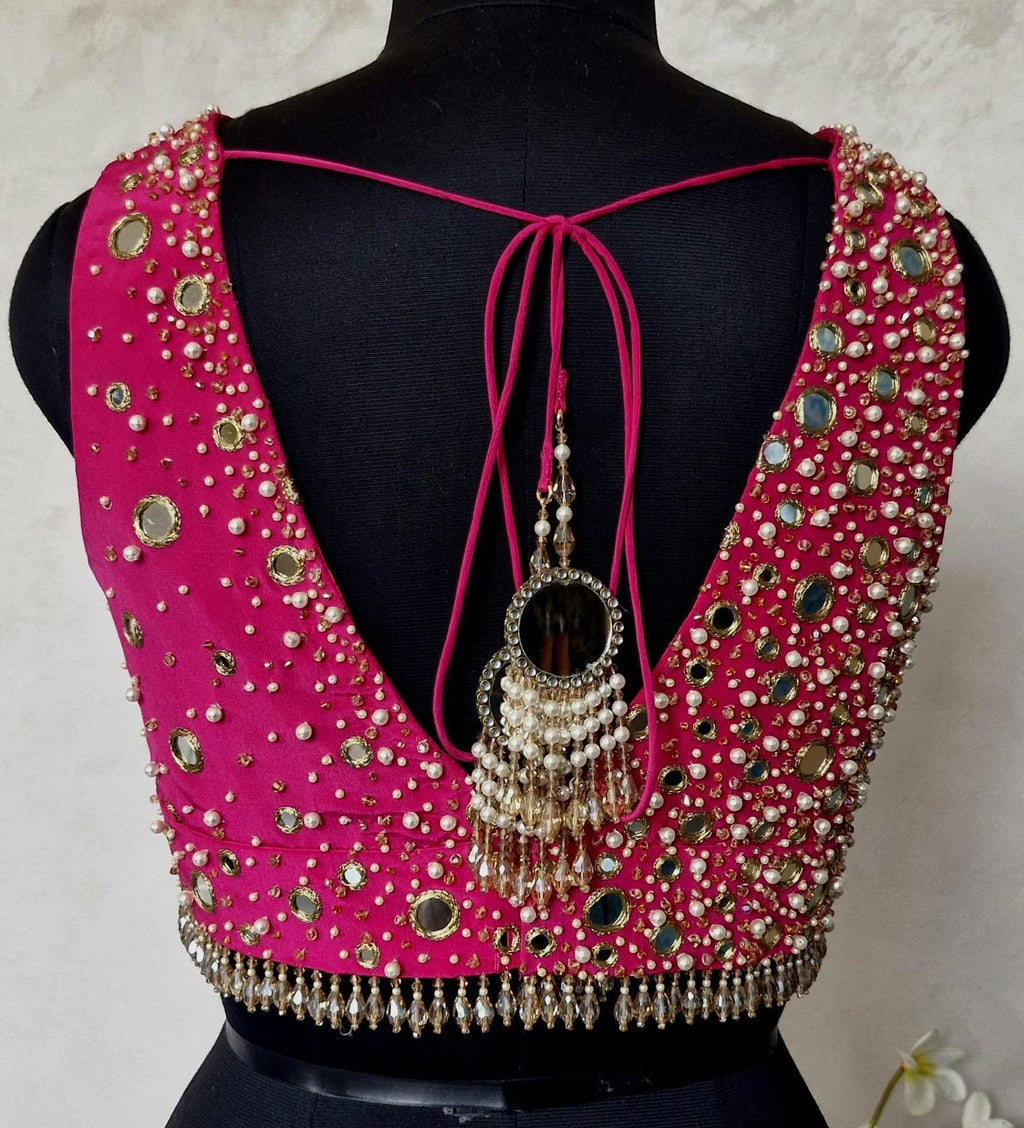 Beads & Mirror Hand Embroidered Bright Pink Crepe Silk Blouse DVBL_462