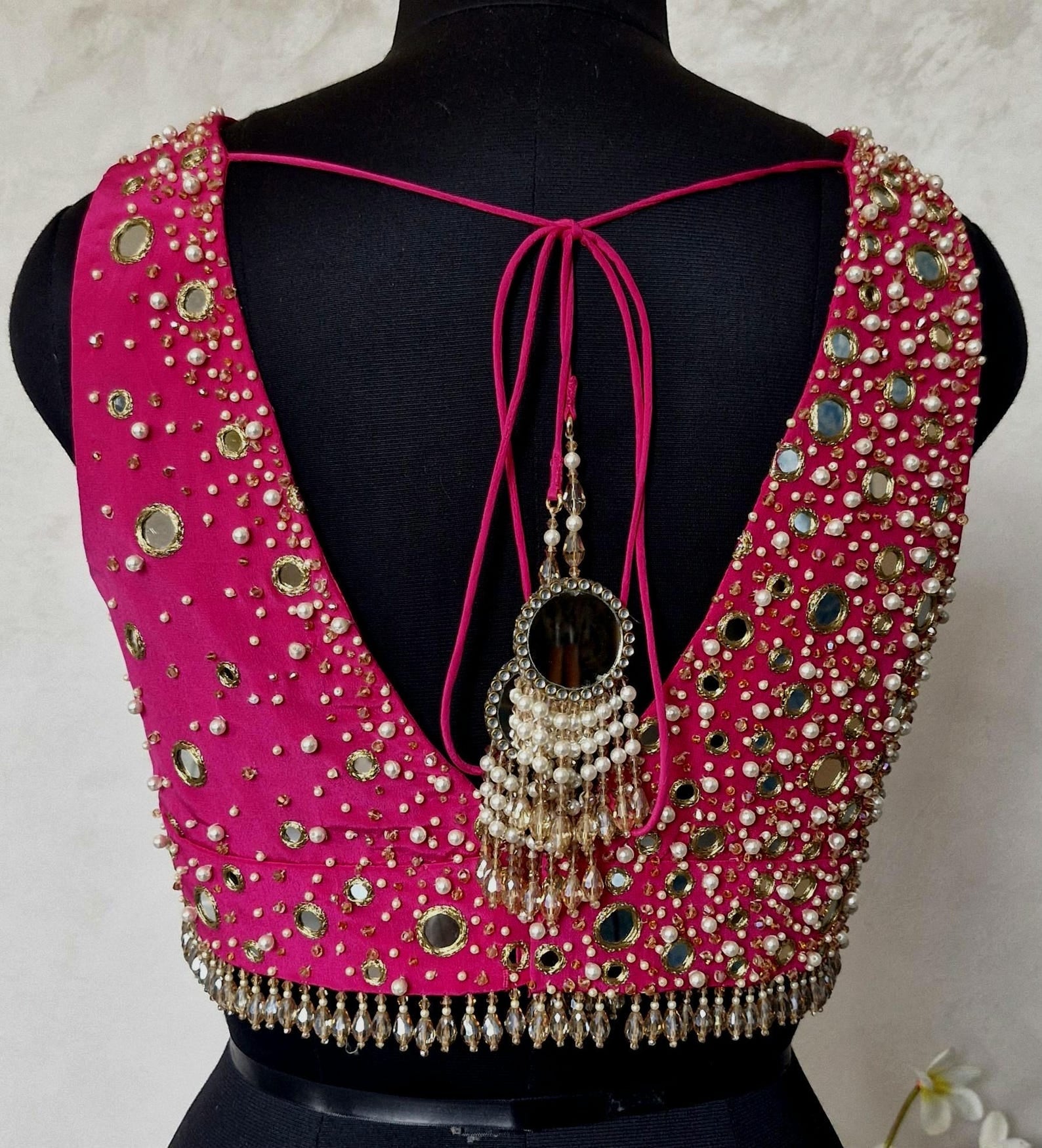 Beads & Mirror Hand Embroidered Bright Pink Crepe Silk Blouse DVBL_462