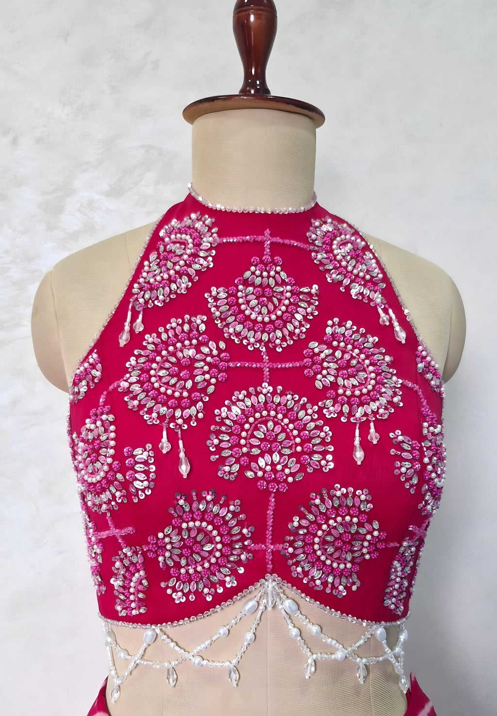 Pink Leheriya Chiffon Draped Saree Skirt with Hand Embroidered Blouse DVMTD_0281
