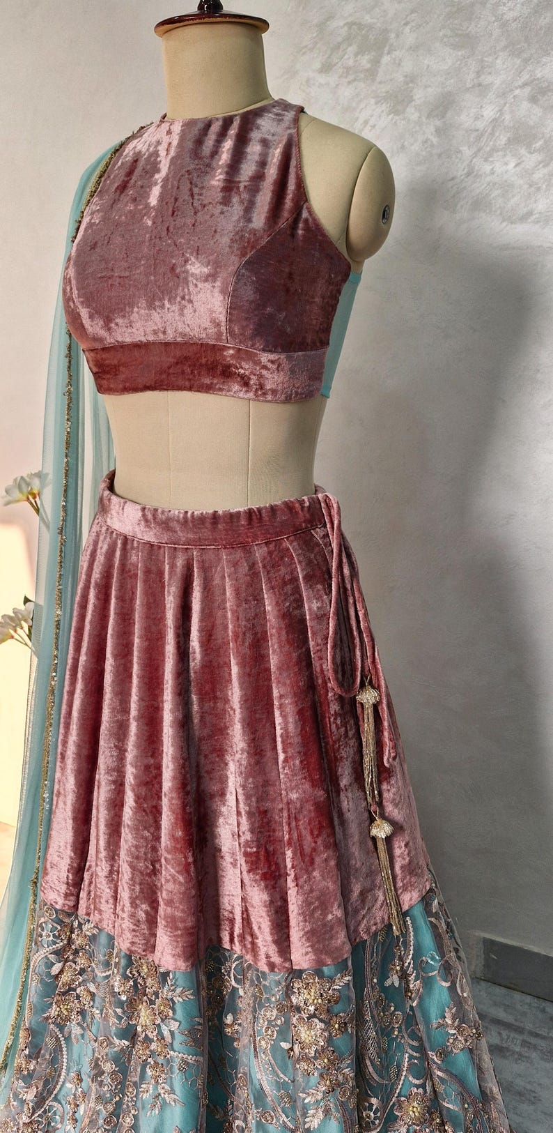 Mauve and Turquoise Embroidered Velvet Lehenga Choli DVMTD_0263