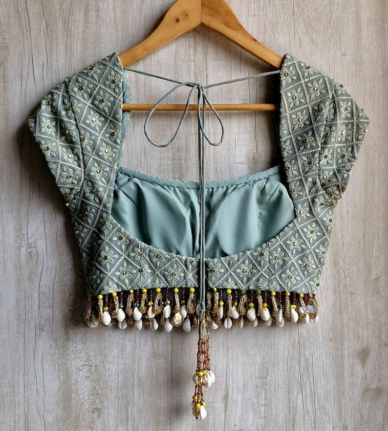Sage Grey Embroidered Georgette Saree Blouse, Beads Fringes, Cap Sleeves DVBL_493