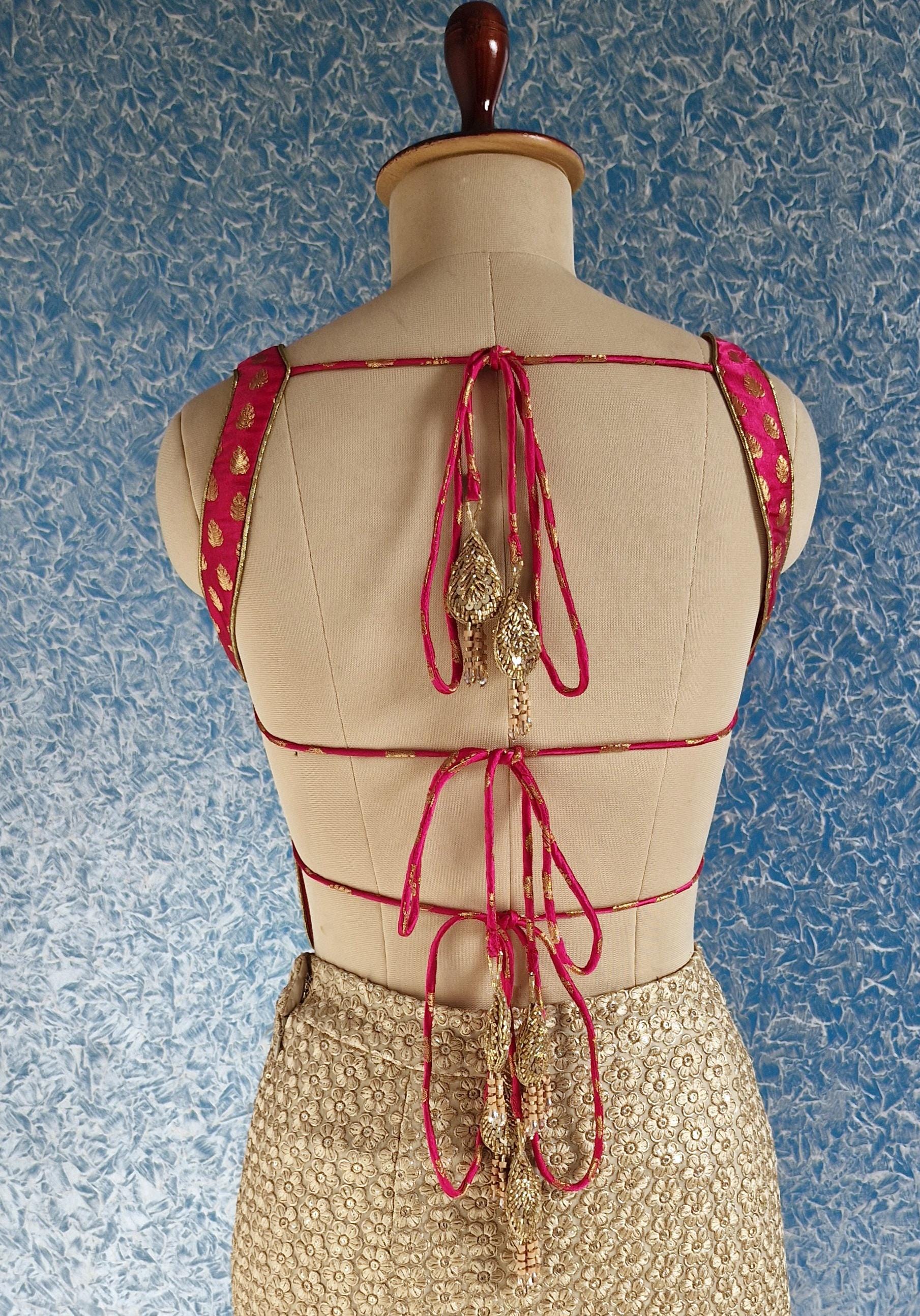 Pink Gold Brocade Silk Backless Corset Blouse DVCB_004