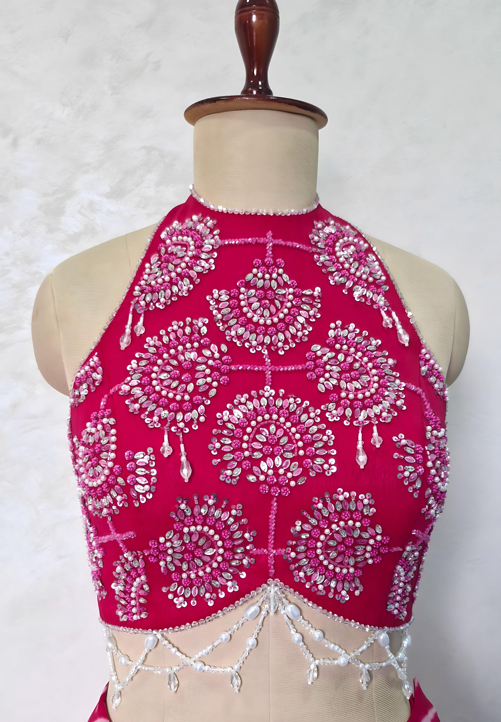 Beads & Sequins Hand Embroidered Rani Pink Georgette Blouse DVBL_463