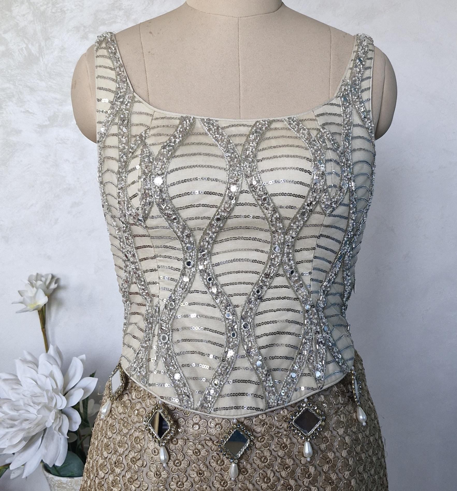 Embroidered Net Cream Gold Backless Corset Blouse DVCB_012