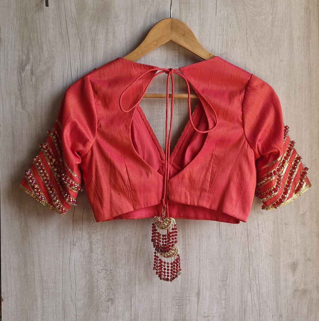 Hand Embroidered Saree Blouse, Coral Pink Silk, V Neck Elbow Sleeves DVBL_474