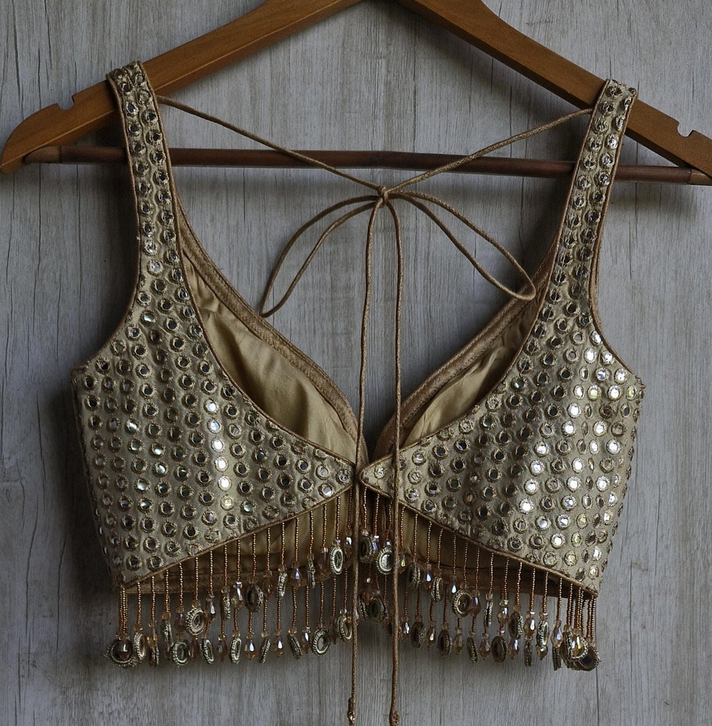 Champagne Gold Saree Blouse, Tissue Silk Sweetheart Neck, Mirror Fringes DVBL_479