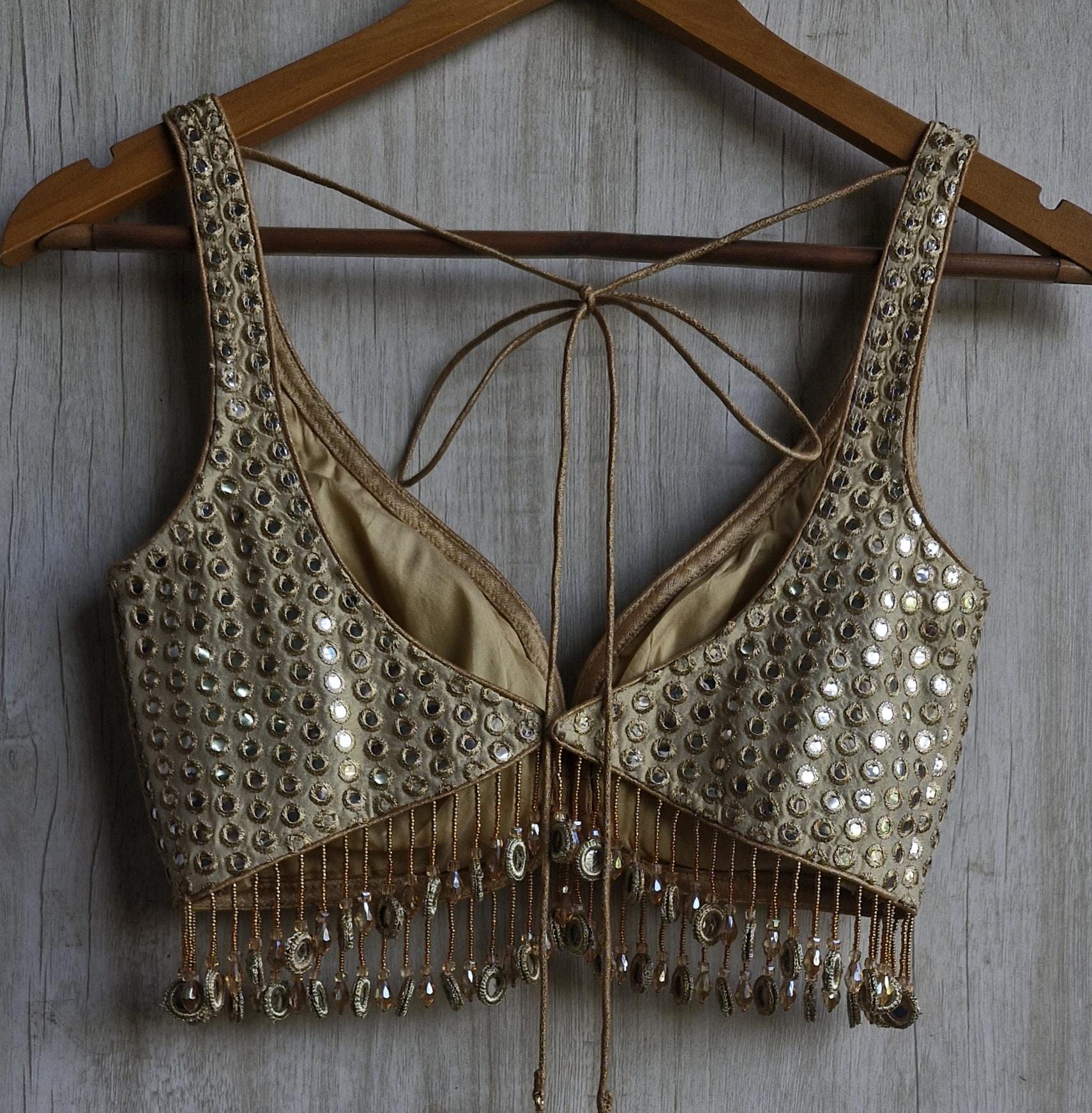 Champagne Gold Saree Blouse, Tissue Silk Sweetheart Neck, Mirror Fringes DVBL_479
